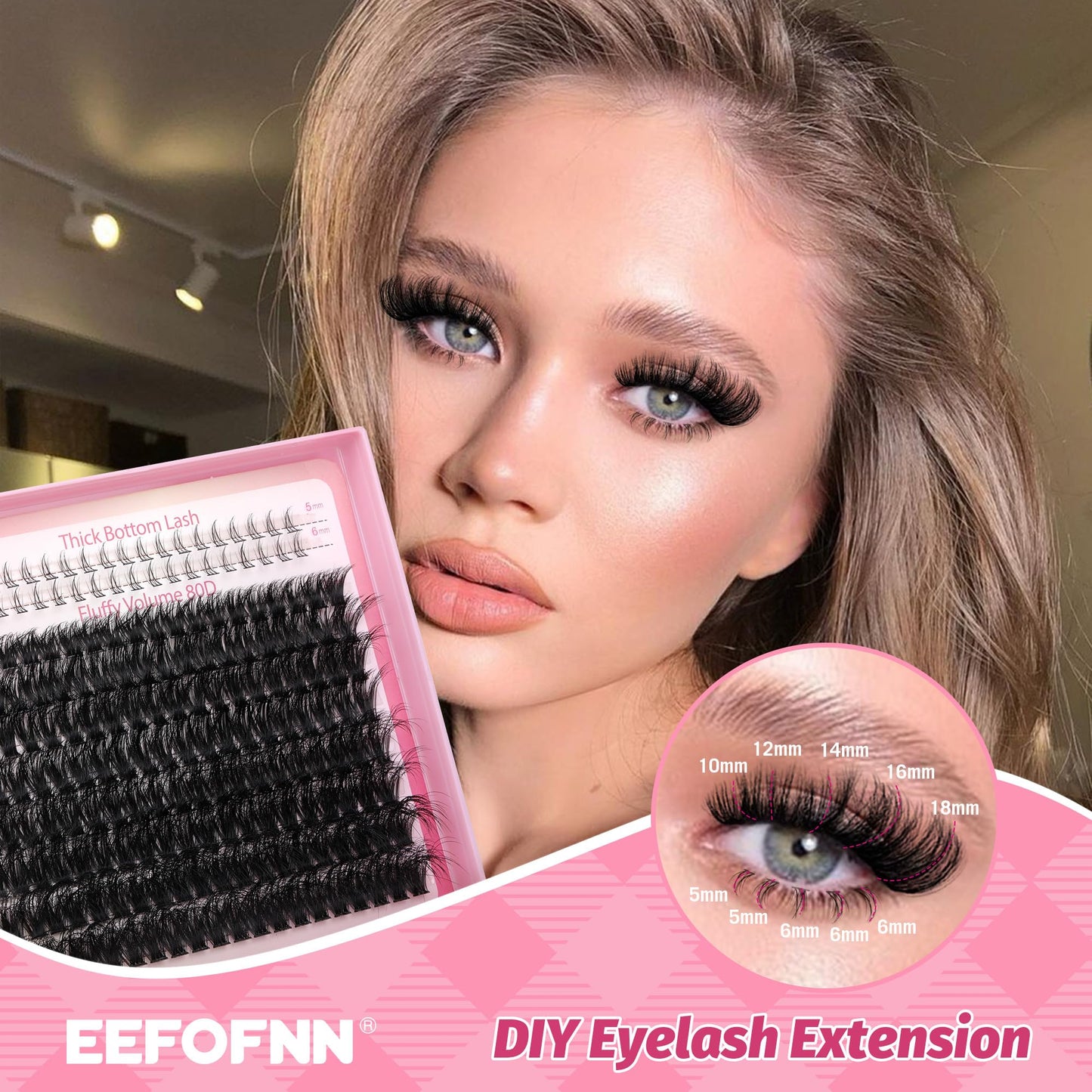 Eefofnn Lash Clusters Wispy Individual Lashes Fluffy Eyelash Clusters with Bottom Lashes 80D Natural Cluster Eyelash Extensions 10-18 mm D Curl Lash Extensions For Beginners