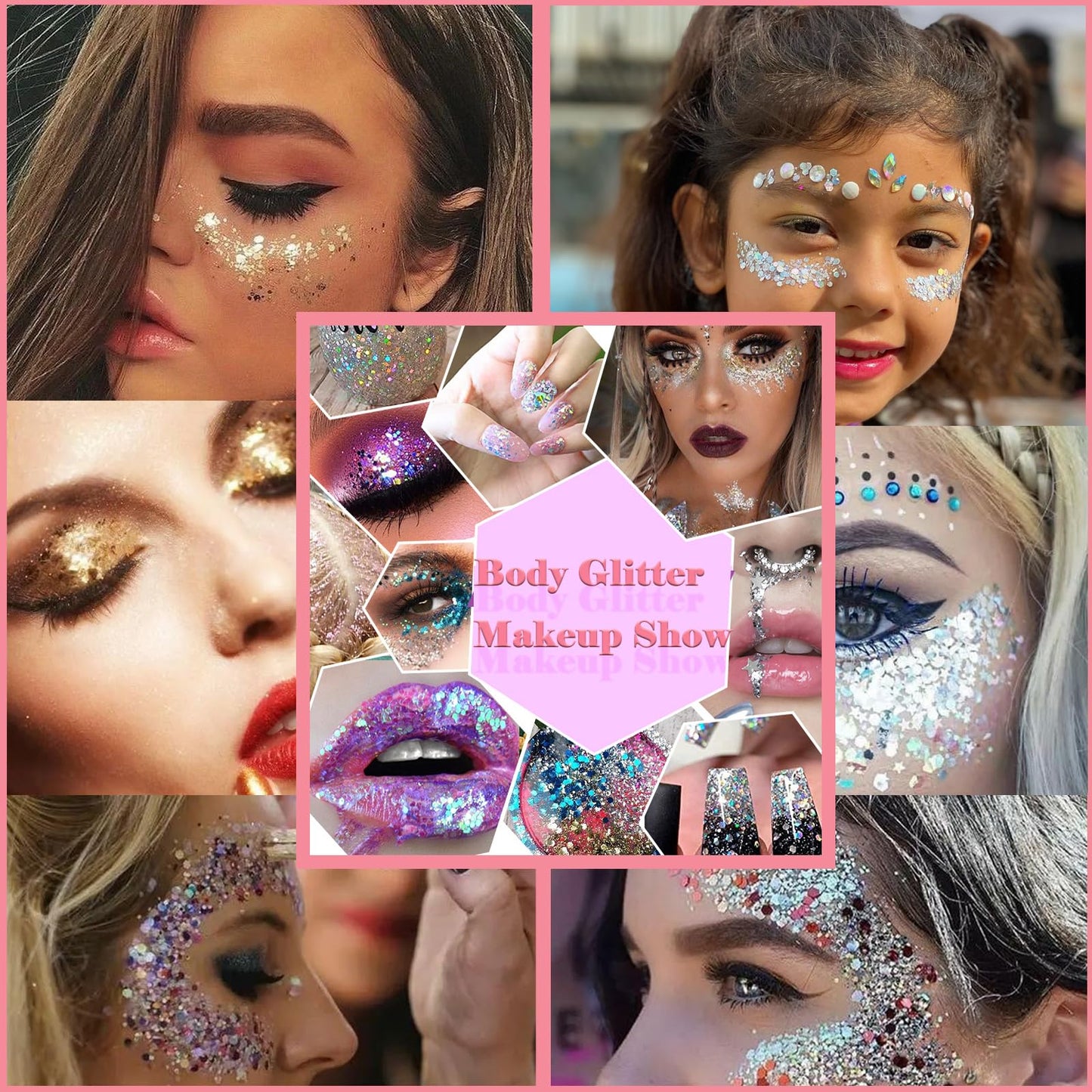 Body Glitter Face Glitter Gel: Singer Concerts Disco Festival Rave Accessories Face Glitter Makeup 150ml Chunky Sequins Mermaid Face Body Hair Glitter Gel (USA Pride&White&Pink)