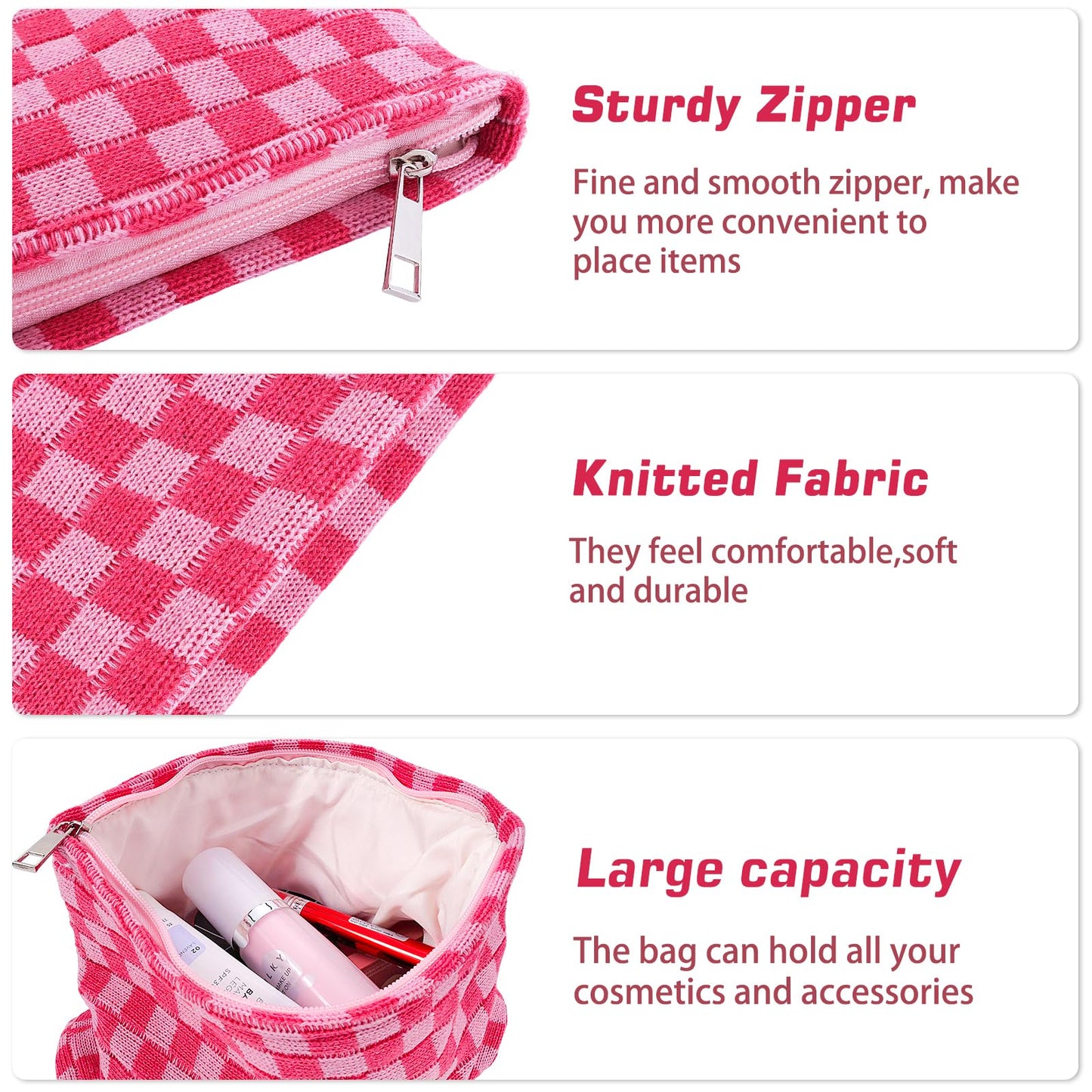 ZLFSRQ 3Pcs Checkered Makeup Bag for Women Large Medium Small Pink Cosmetic Bag Set Travel Makeup Pouch for Purse Zipper Toiletry Organizer Cute Washable Preppy Trendy Makeup Brushes Storage Bag