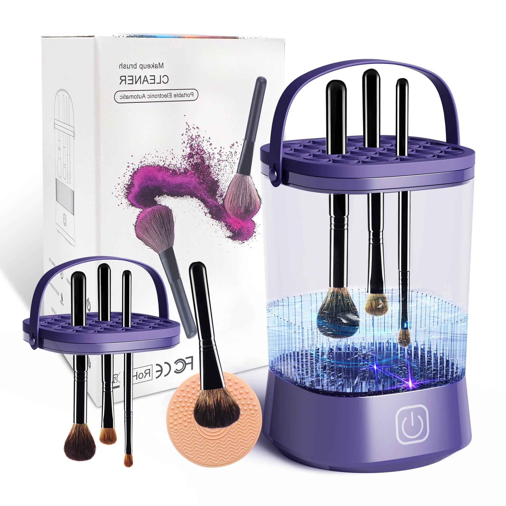 Electric Makeup Brush Cleaner Machine, Automatic Spinning Make up Brush Cleaner with 1200 mAh Rechargeable Battery, Portable Cosmetic Brush Cleaner Dryer Tool for All Size Makeup Brush (Purple)