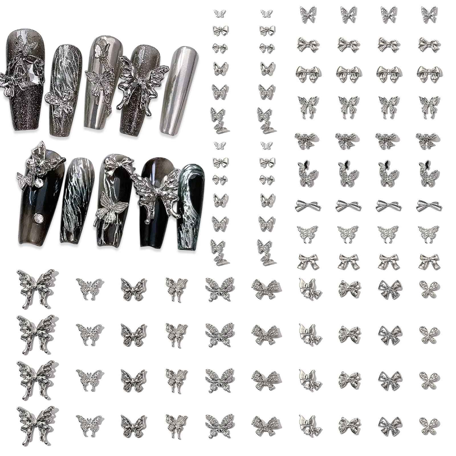 WOKOTO 100 Pcs 25 Styles Silver 3D Butterfly and Bow Nail Charms Alloy Nail Gems for Nails Butterfly Bow Knots Charms for Nail Art Design Decoration Jewelry Nail Alloy Studs Jewels