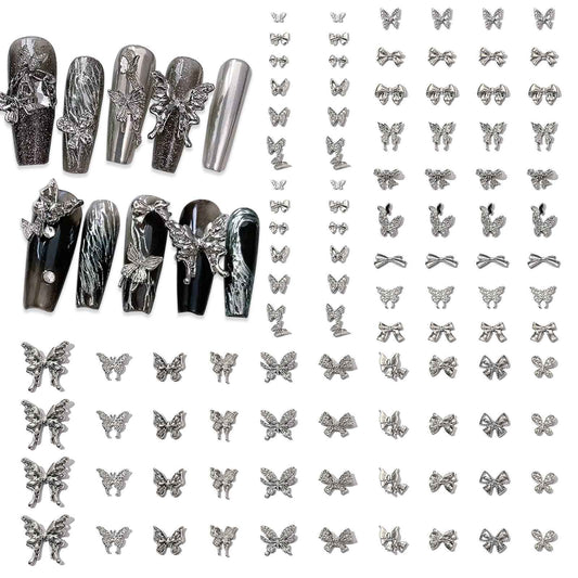 WOKOTO 100 Pcs 25 Styles Silver 3D Butterfly and Bow Nail Charms Alloy Nail Gems for Nails Butterfly Bow Knots Charms for Nail Art Design Decoration Jewelry Nail Alloy Studs Jewels