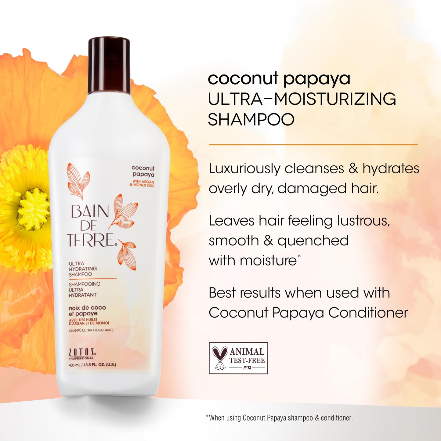 Bain de Terre Coconut Papaya Ultra Hydrating Shampoo, Moisture Quench for Dry, Damaged Hair, with Argan & Monoi Oils, Paraben-Free, Color-Safe, Vegan, 33.8 Fl Oz