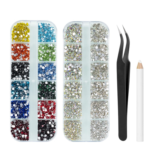 QEZEZA Nail Art Rhinestones Kit, Rhinestone Nail Face Gems, Nail Art Ab Flatback Rhinestones Gems Stones with Storage Organizer Box/Wax Pencil/Tweezers (1.5mm - 4mm) 5280PCS 6 Sizes - 12 Colors