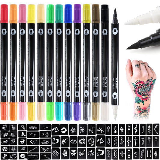 Jutqut Temporary Tattoo Markers for Skin, 24 Colors Body Marker Pen + 67 Tattoo Stencils for Kids and Adults, Nail Art Polish Pens, Dual-end Metal Tattoo Pens with Bold and Fine Tip