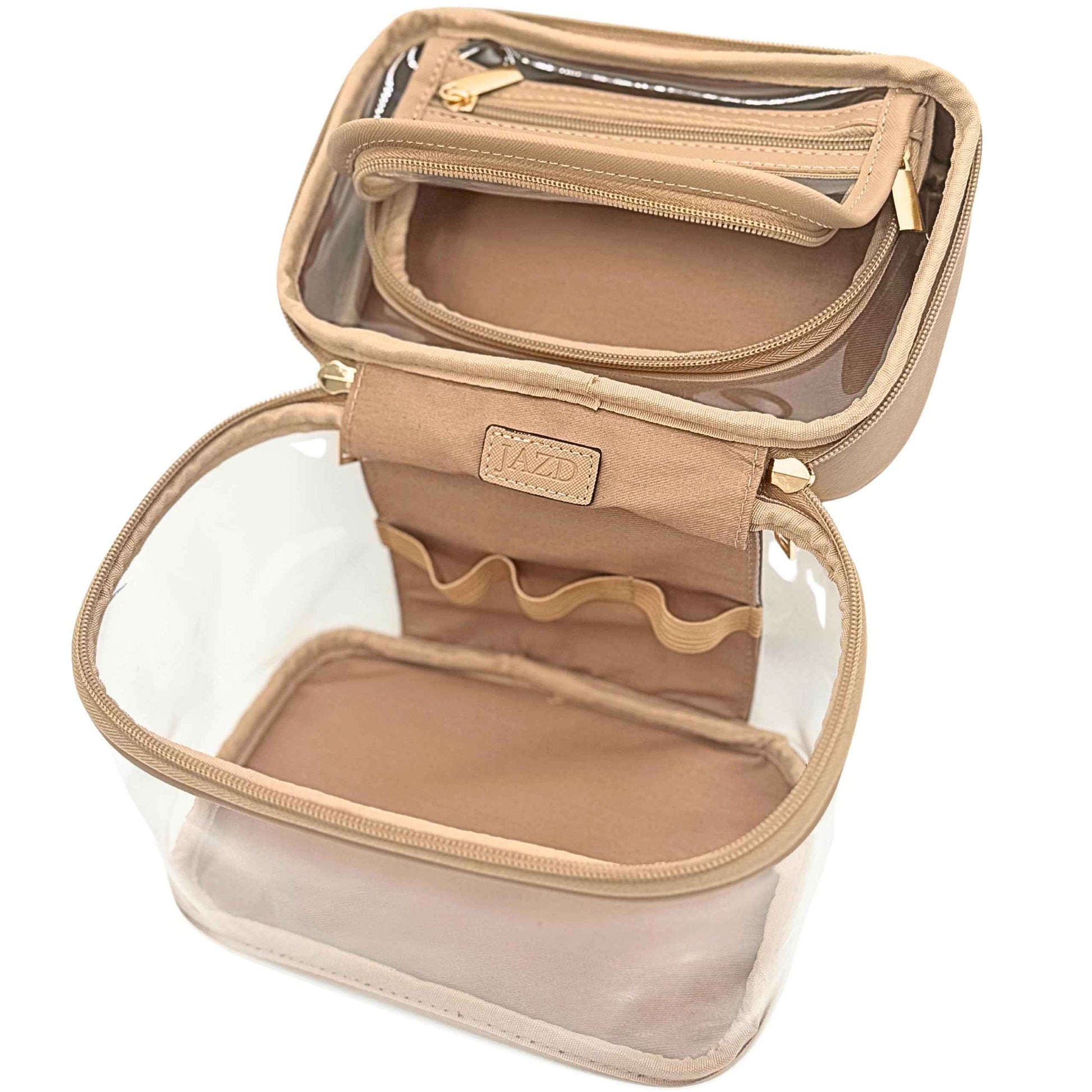 JAZD Clear Makeup Bag Toiletry Bag for Women Cosmetic Large Capacity Travel Make Up Bag Organizer Transparent Train Case TSA Approved (BEIGE)
