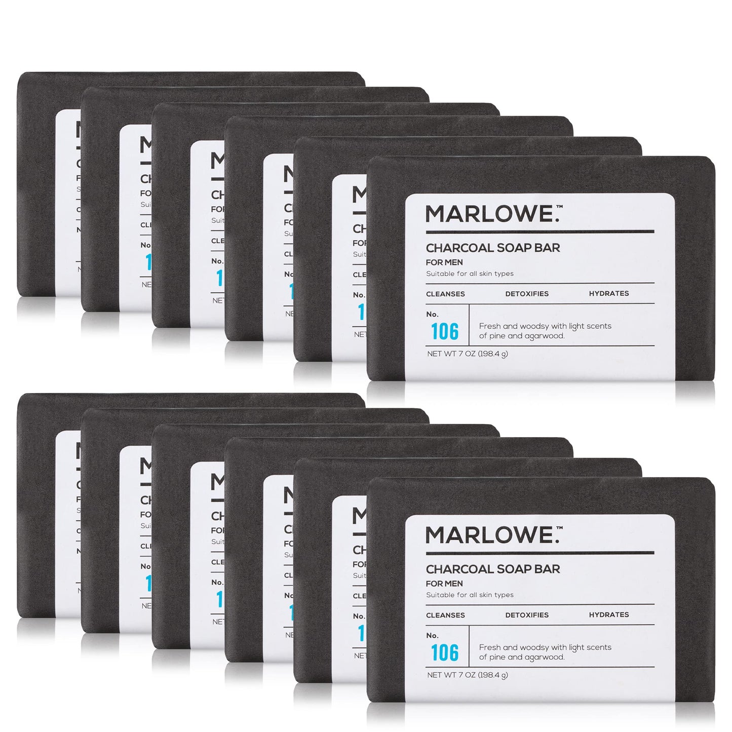 MARLOWE. Charcoal Face & Body Soap Bar No. 106 (7oz) | Best Cleansing & Detoxifying Bar for Men | Includes Natural Extracts, Shea Butter & Willow Bark | Amazing Scent (12-Pack)