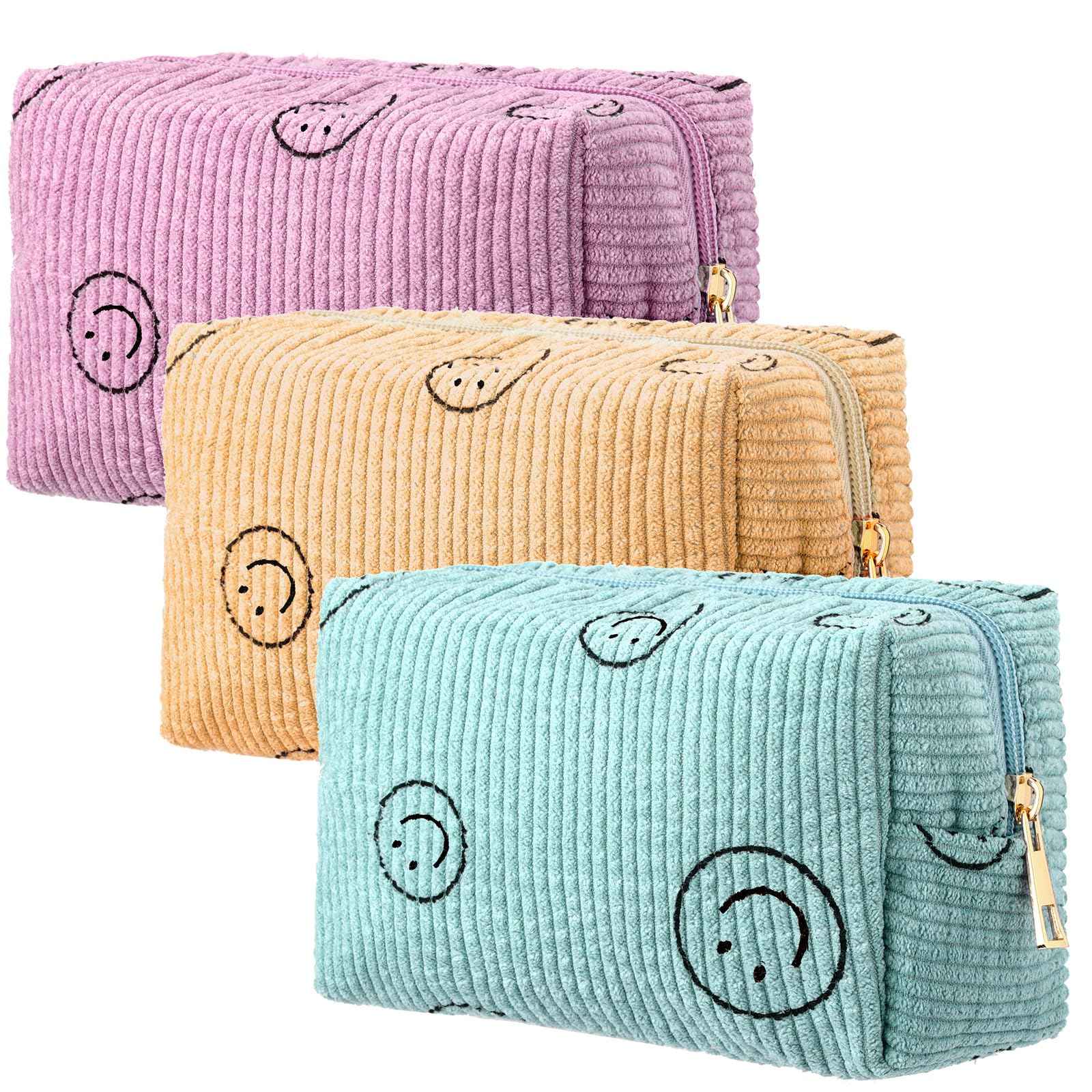 Photect 3 Pcs Corduroy Cosmetic Bag Smile Face Aesthetic Preppy Pencil Pouch Purse Travel Beauty Makeup Bags for School Christmas Women Holiday Organizer Gifts(Classic,Pink, Yellow, Green)