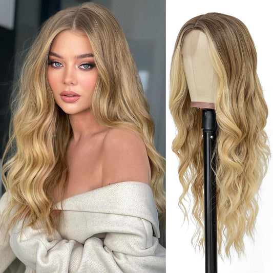 VERNA Long Blonde Wavy Wig for Women, 26 Inch Super Soft Long Blonde Wigs, Natural Looking Ombre Blonde Hair Wig, Heat Resistant Synthetic Wig, Middle Part Blonde Curly wigs for Daily Party Use