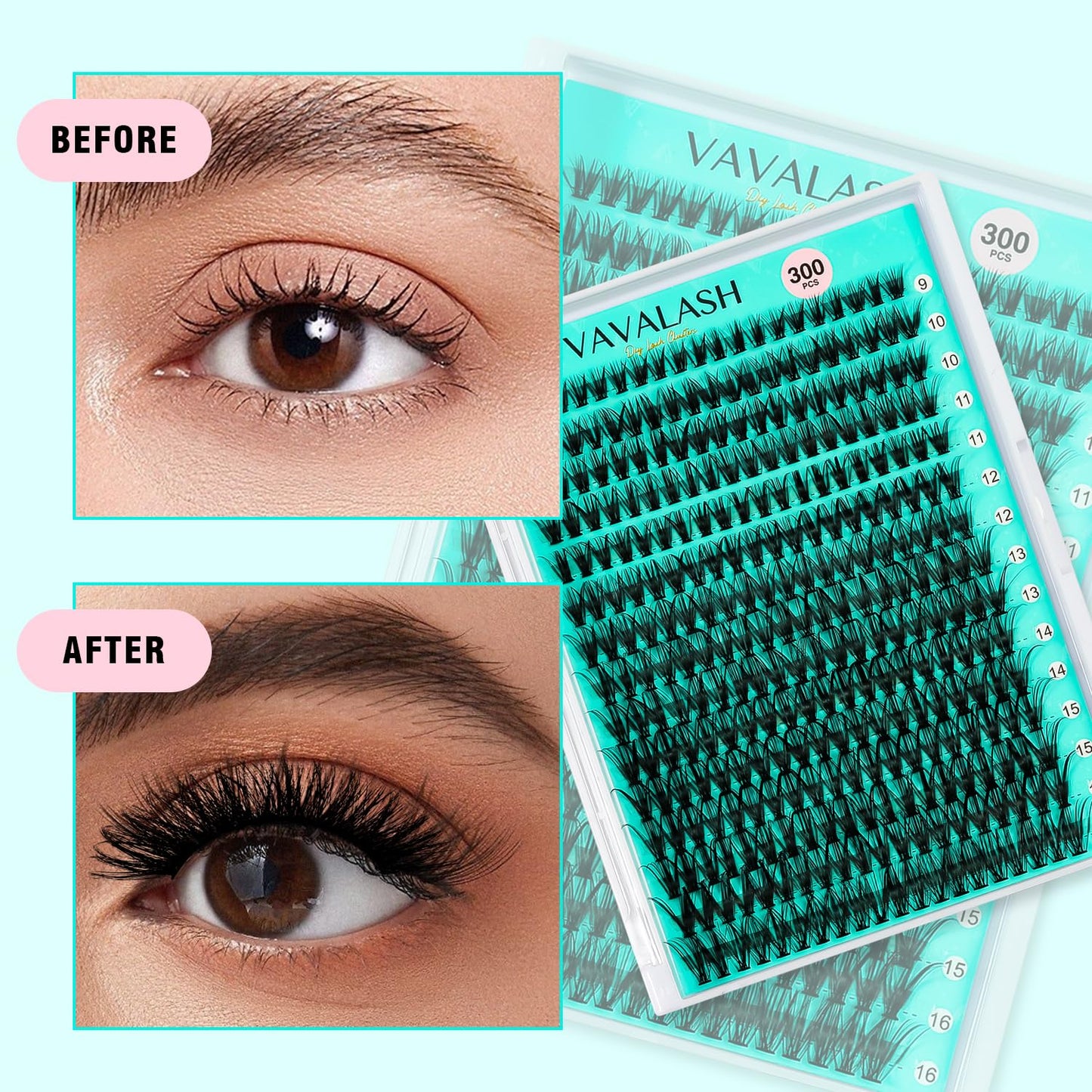 VAVALASH Lash Clusters 30D-0.07-C-9-16MM 300Pcs DIY Eyelash Extension 10D 20D 30D 40D 50D Individual Cluster Lashes Faux Mink False Lashes DIY Lash Extensions at Home 300PCS (30D-0.07-C,9-16MIX)