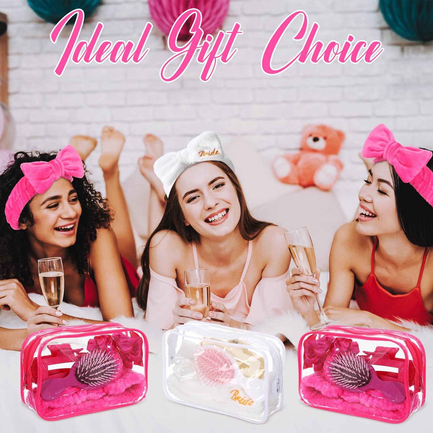 Wavyknot 40 Pcs Bachelorette Favor Set Include Headband Scrunchies Hair Claw Clips Hairbrush and Makeup Bag for Bridal Shower Party Gifts Bridesmaid Wedding Supplies(White and Rose Red)