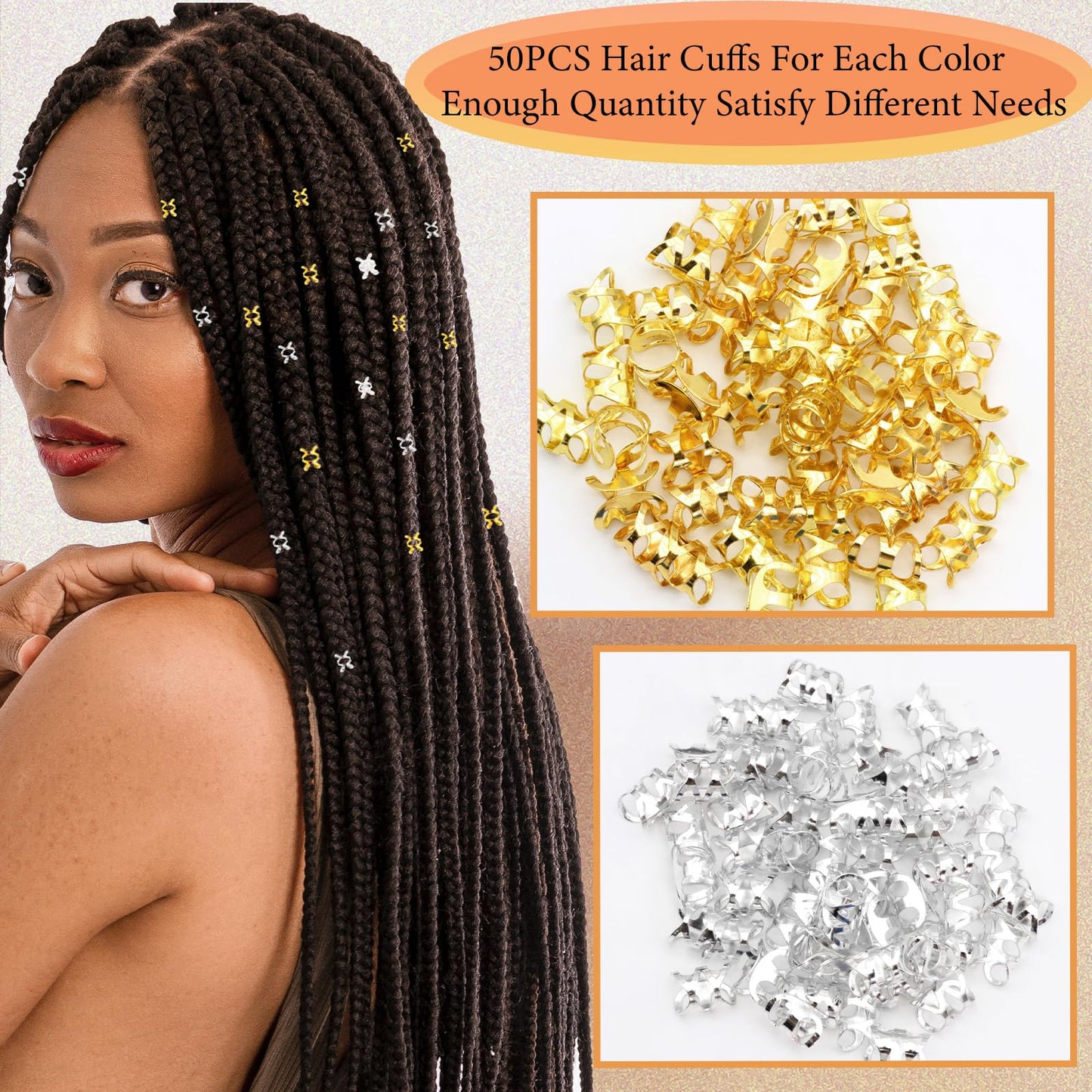 VENOFEN 100PCS Metal Hair Accessories for Braids - Gold & Silver Hair Rings, Braids Clips, Dreadlock Beads, and Cuffs for Women and Girls