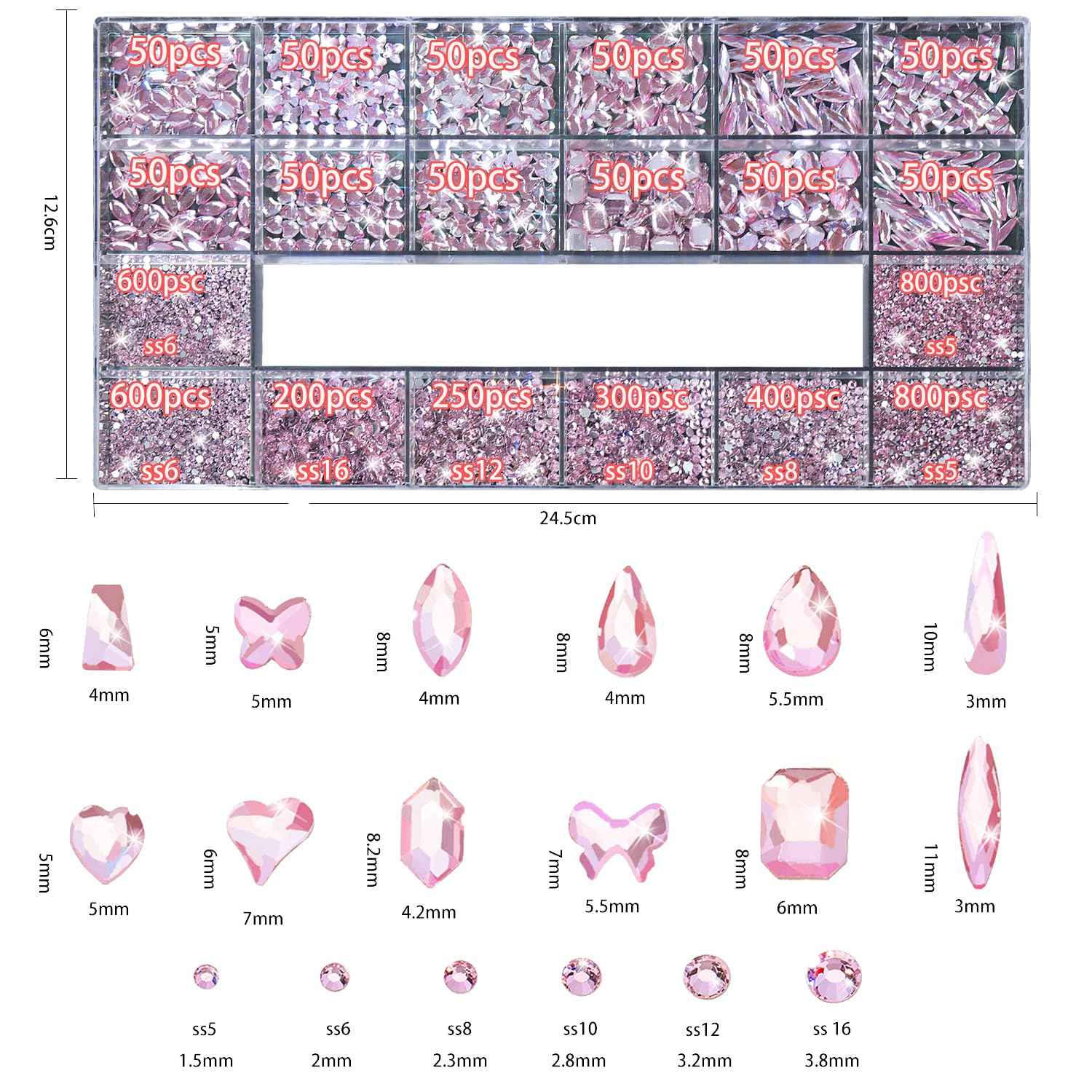 DZHILHMX Nail Rhinestones - 4300pcs Light Pink, Multiple Shape Gems, Flat Back Rhinestones, with Kit and Glue Gel, for Nail Art