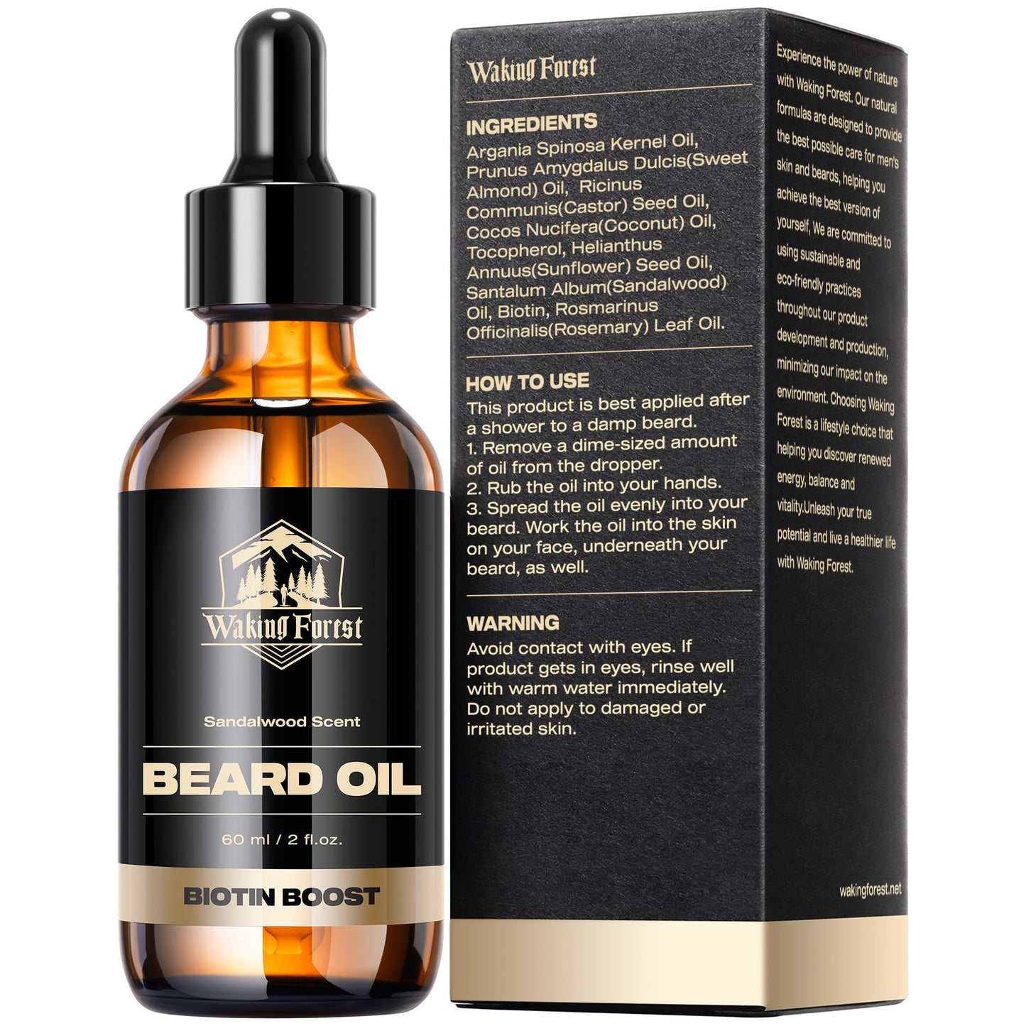 Waking Forest Beard Growth Oil - Biotin Sandalwood Oil with Vitamin E, Rosemary & Castor for Thicker, Softer, Stronger Beards (2oz)