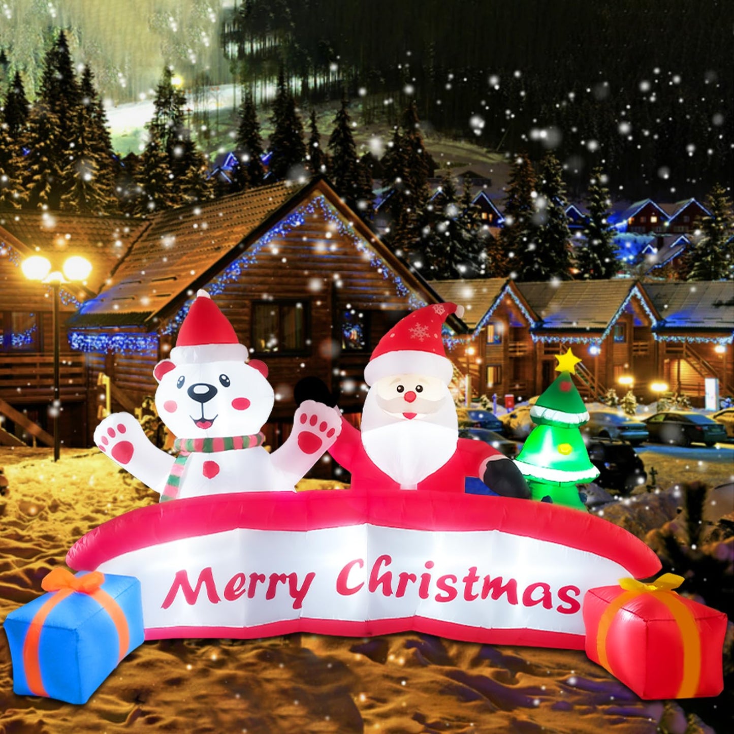 10 FT Inflatable Merry Christmas Banner Sign with Santa Claus Polar Bear Christmas Tree, Outdoor Inflatable Decoration with LED Lights Blow Up Decorations for Yard Holiday Xmas Party Garden Decor