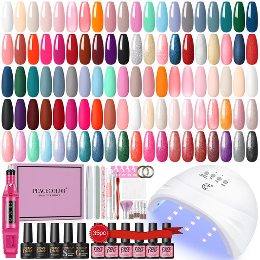 PEACECOLOR 53PCS Gel Nail Polish Kit with U V Light and Drill 35 Colors Gel Polish Nail Kit All Season Soak Off Gel Polish Set with Matte Glitter Glossy Top Coat Manicure Tools DIY Home Gifts Women