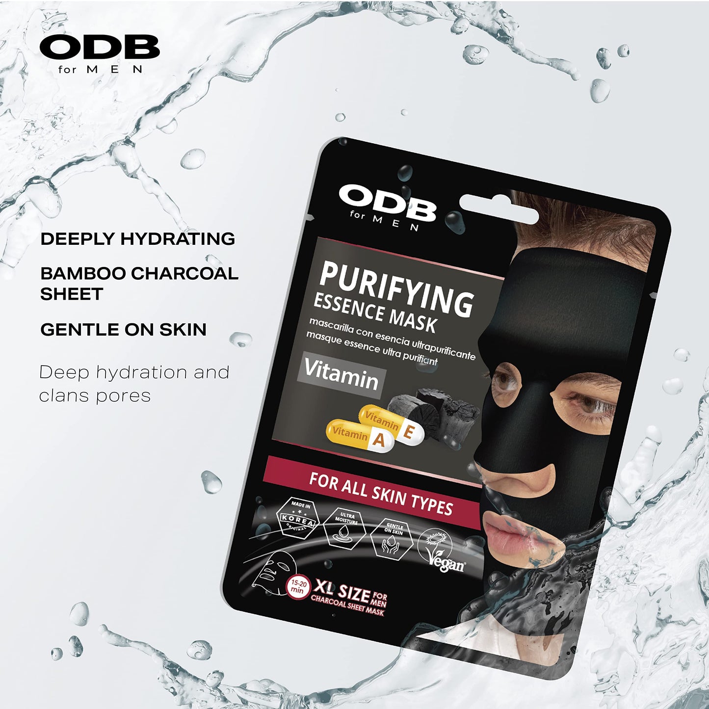 ODB for MEN Charcoal Essence Sheet Mask 24 PK Hydrating Aloe & Purifying Vitamin Mens Skin Care Sheet Masks for Face Mens Skin Care Kit Bulk Face Masks Skincare (Purifying (24pk) - XL Size)