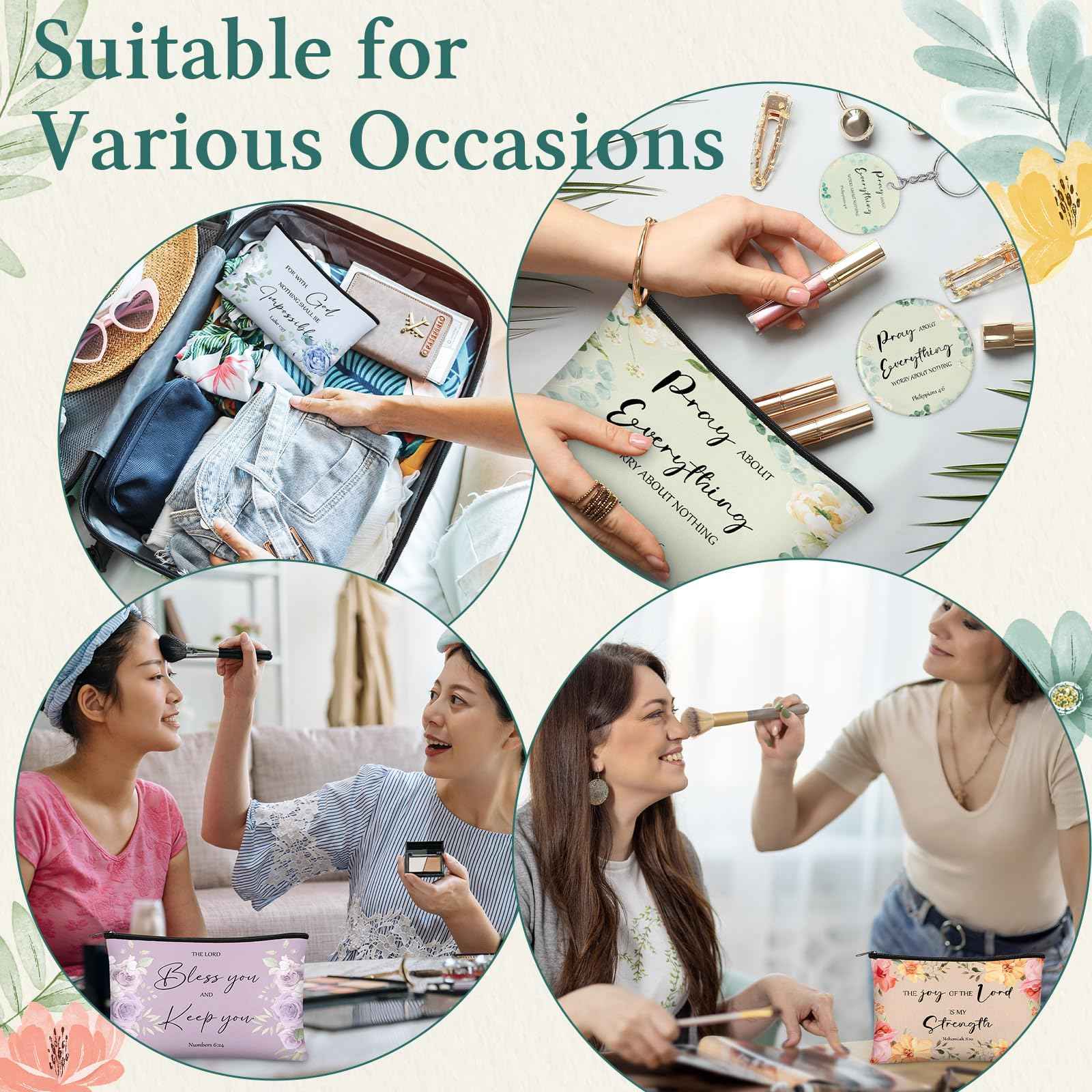 Dansydaisy 60 Pcs Christian Gifts for Women Religious Gifts Include 20 Canvas Makeup Bags 20 Bible Verse Mini Mirror 20 Inspirational Bible Keychains Church Favors for Women Mother Sister(Classic)