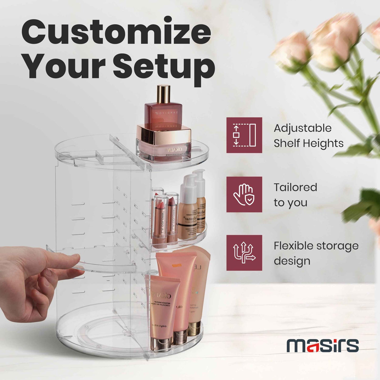 Masirs 360 Rotating Makeup Organizer Countertop - Adjustable Shelf Height - The Perfect Round Spinning Cosmetic Organizer for Bedroom Dresser or Vanity Countertop Storage (Clear)