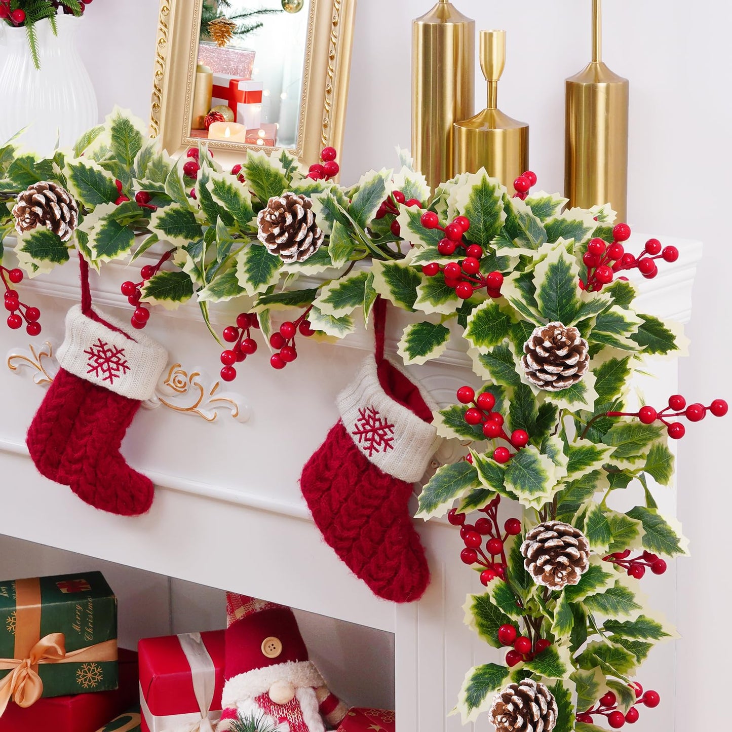 Christmas Garland, 2Pcs Red Berry Garland with Pine Cones, Green Garland Christmas Decorations Indoor, Christmas Tree Garland for Mantle Holly Outdoor Home Table New Year Decor