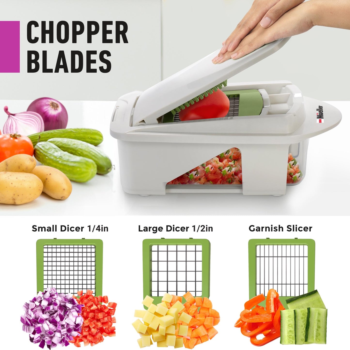 Mueller Pro-Series All-in-One, 12 Blade Mandoline Slicer for Kitchen, Food Chopper, Vegetable Slicer and Spiralizer, Cutter, Dicer, Grater, Mothers Day Gifts, Kitchen Essentials, White Sand/Green