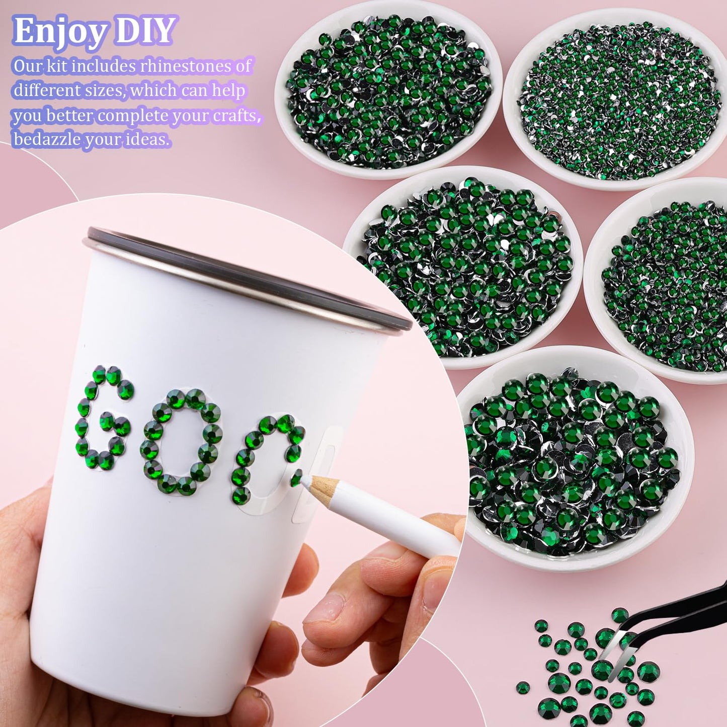 16000Pcs Resin Rhinestones for Crafting, Emerald Green Non Hotfix Flatback Gems, Bedazzling Crystal with 3Pcs 10ml B7000 Jewelry Glue for DIY Crafts Clothing Tumblers Shoes Fabric Nail Art