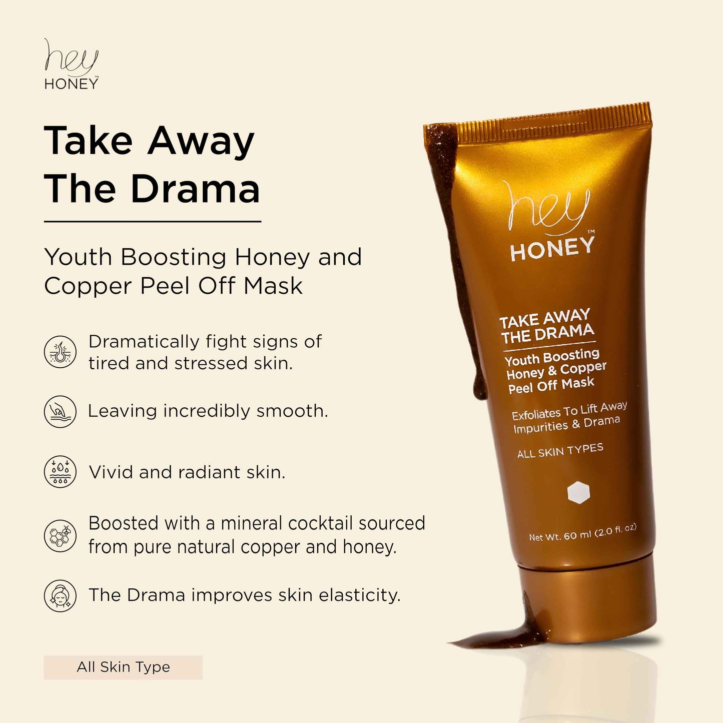 Hey Honey Skincare Copper Peel Off Face Mask with Honey, Propolis & Aloe | Hydrating & Exfoliating Facial Mask for Glowing Skin, Pore Cleansing & Anti-Aging Facial for Dull, Tired Skin 2.2 oz.