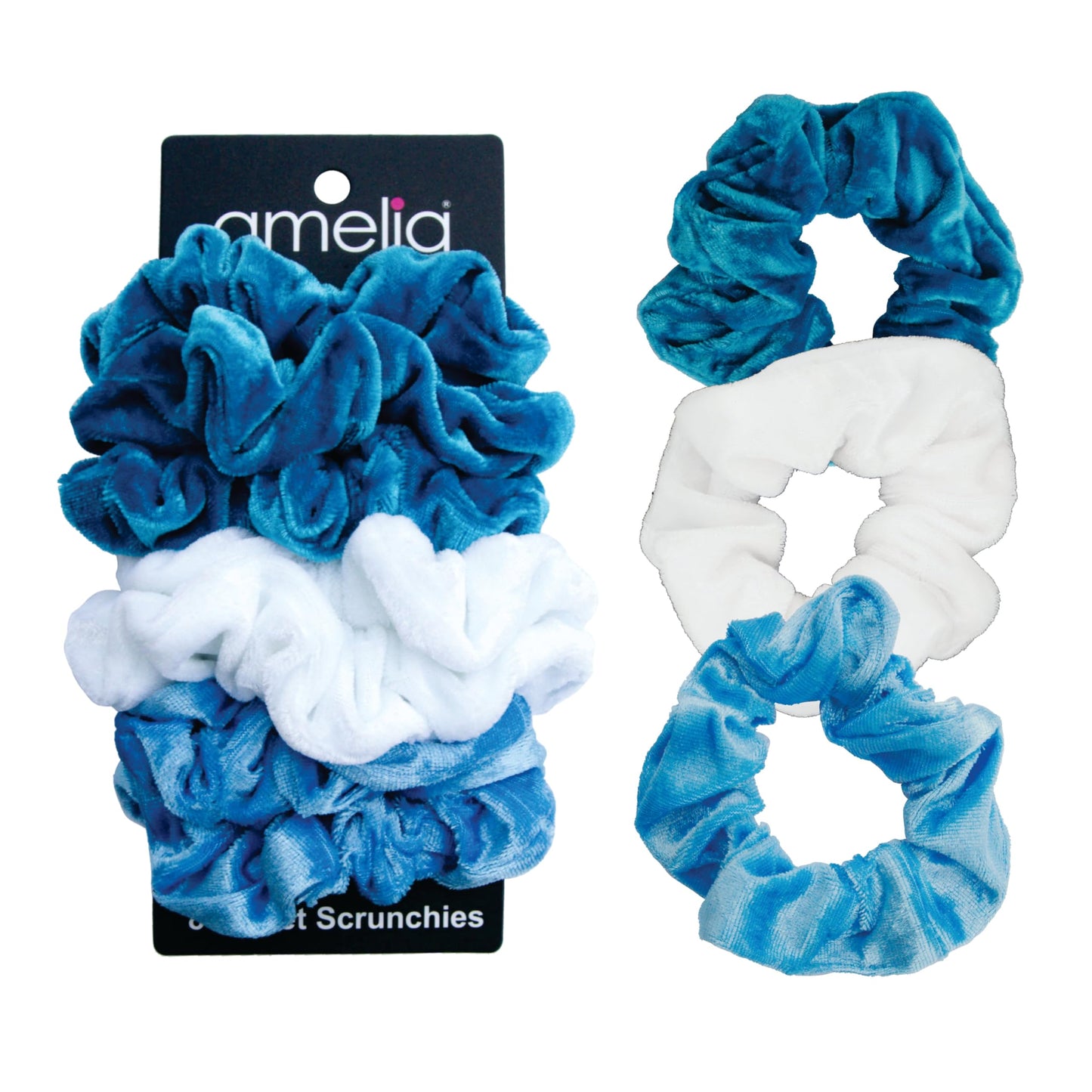 Amelia Beauty, Ocean Mix Velvet Scrunchies, Medium 3.5in, Gentle on Hair, Strong Hold, No Snag, No Dents or Creases. 8 Pack