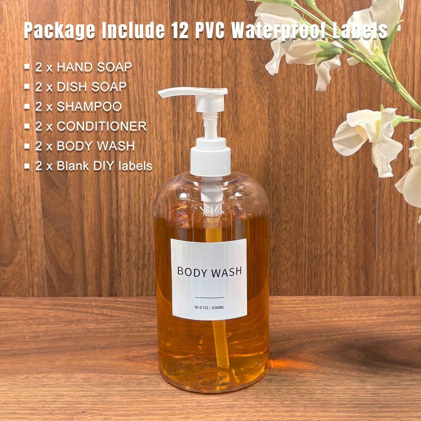 Soap Dispenser with Waterproof Labels, Thickened Plastic Hand Soap Dispenser for Bathroom, Kitchen Dish Washing Liquid Bottles, Shampoo and Conditioner Bottles (16.9 oz, Set of 2, Clear)