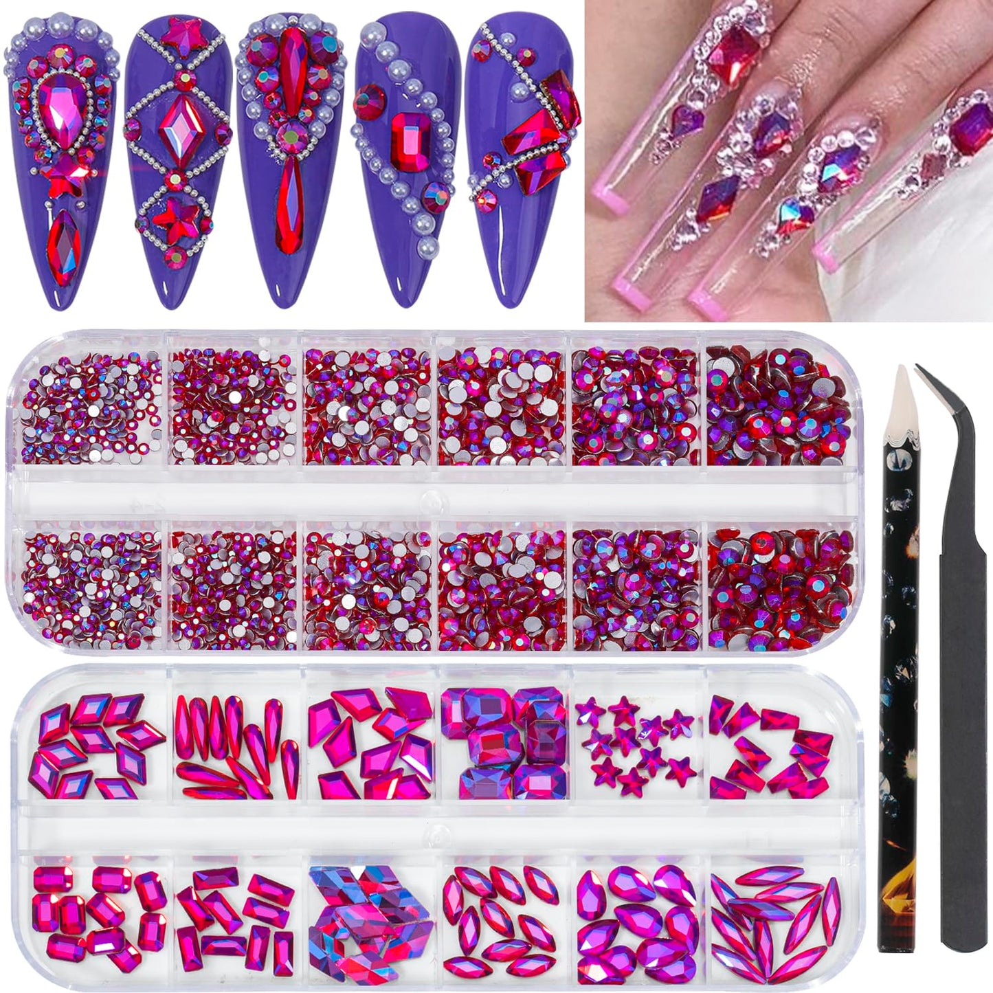 HNUIX Nail Rhinestones - 2920pcs 3D Multi Shape Size, Crystal AB Red Nail Gems, Flat Back, with Kit, for Nail Art, DIY Decorations