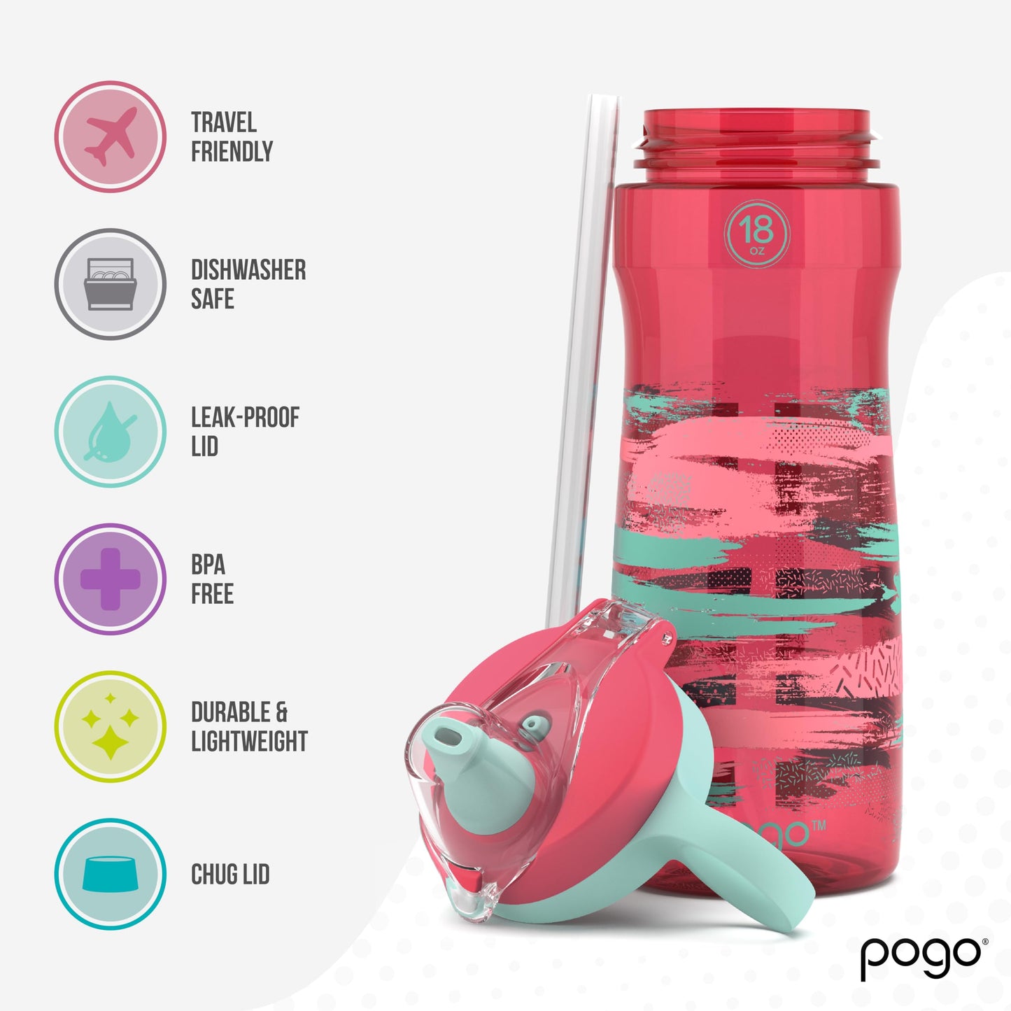 Pogo BPA-Free Tritan Kids Water Bottle with Silicone Soft Straw, Pink Paint, 18 oz.