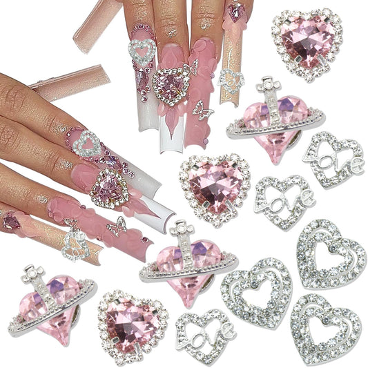 RODAKY 12PCS Heart Nail Charm Pink 3D Planet Nail Art Charms with Crystal Rhinestones Saturn Shape Design Nail Gems Shiny Nail Jewelry Accessories for Women Manicure Nail Decorations