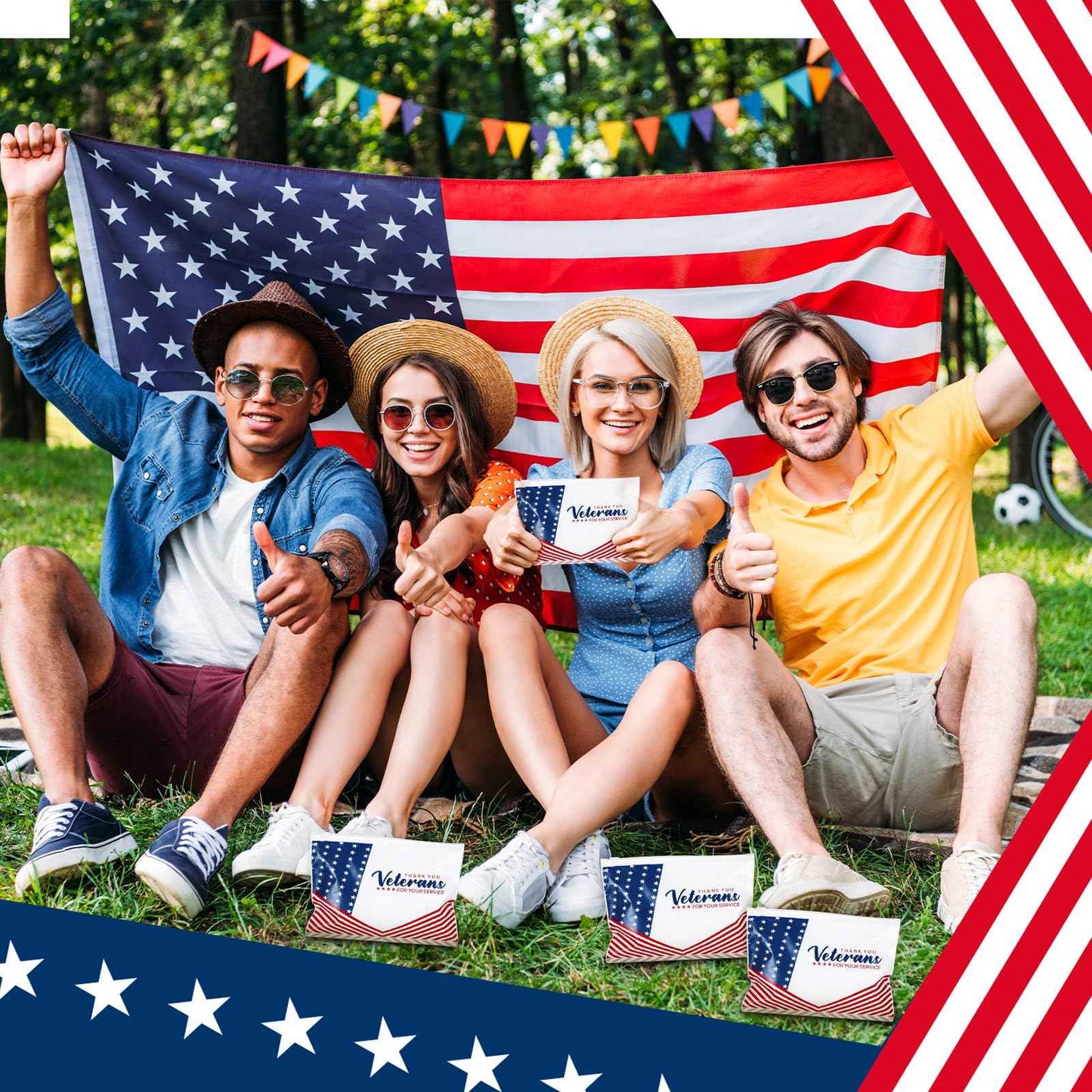 SilTriangle 150 Pcs Veterans Thank You Bag Bulk Red Blue EVA Cosmetic Bag American Flag Thank You for Your Service Gifts Patriotic USA Military Party Favors for Veterans Day Men Soldier