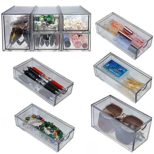 Stackable Storage Drawers Set of 5 Acrylic Storage Drawers Clear Plastic Stackable Organizer Bins for Makeup, Cosmetics,Beauty Supplies,Ideal for Vanity, Bathroom,Cabinet,Pantry Organization