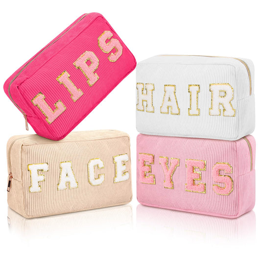 Pinkunn 4 Pcs Preppy Makeup Bag Cute Chenille Cosmetic Bags Face Eyes Lips Hair Corduroy Letter Patch Skin Zipper Patch Bags Travel Zipper Pouch Makeup Organizer for Women