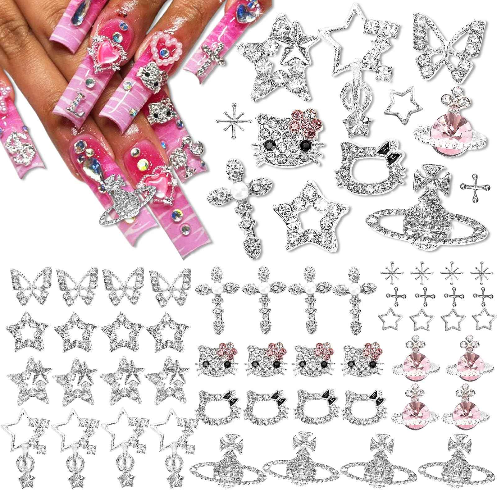 Nail Charms and Gems,KYLELOVE 48 PCS Y2K Kawaii Nail Charm 3D Silver Butterfly Star Nail Charms Rhinestone Charms for Nails Art Craft DIY Decoration
