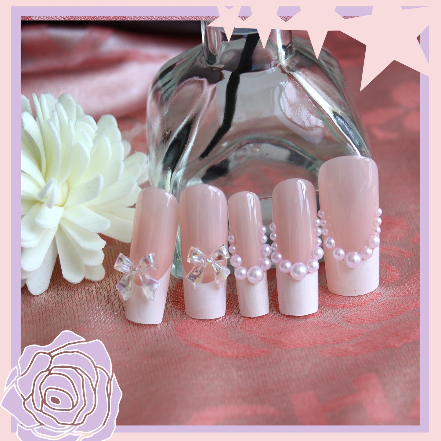 Press on Nails Kit French Tip Nails Press Ones Long Charms Gems Pearl Pink Fake Nails Artificial Coffin Gel Like Glossy 3D Bowknot False Nail Manicure for Women and Girls-24pcs