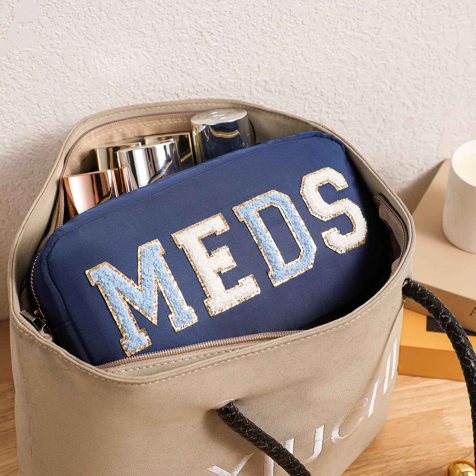 Chenille Letter Patch Nylon Medicine Packages,Cute MEDS Travel Makeup Bag with Metal Zipper, First Aid Purse Organizer Cosmetic Bag for Women and Girls(03Navy)