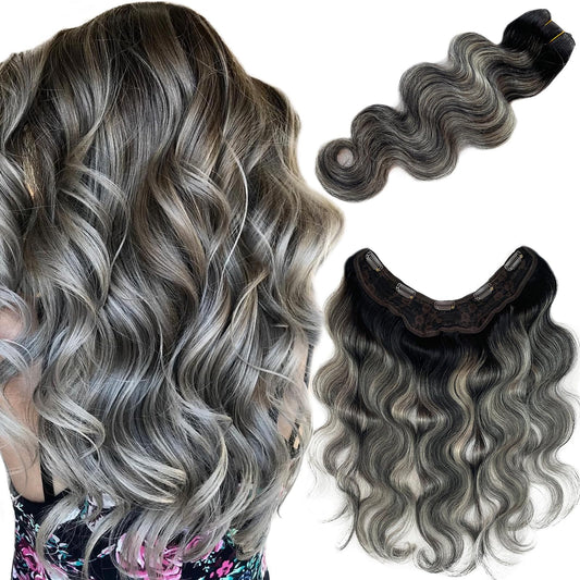 Body Wave Human Hair Clip in Extensions, One Piece Natural Black to Grey Clip in Hair Extensions Real Human Hair Clip in Hair Extensions Human Hair Curly Remy Hair Extensions Clip in Human Hair 14”