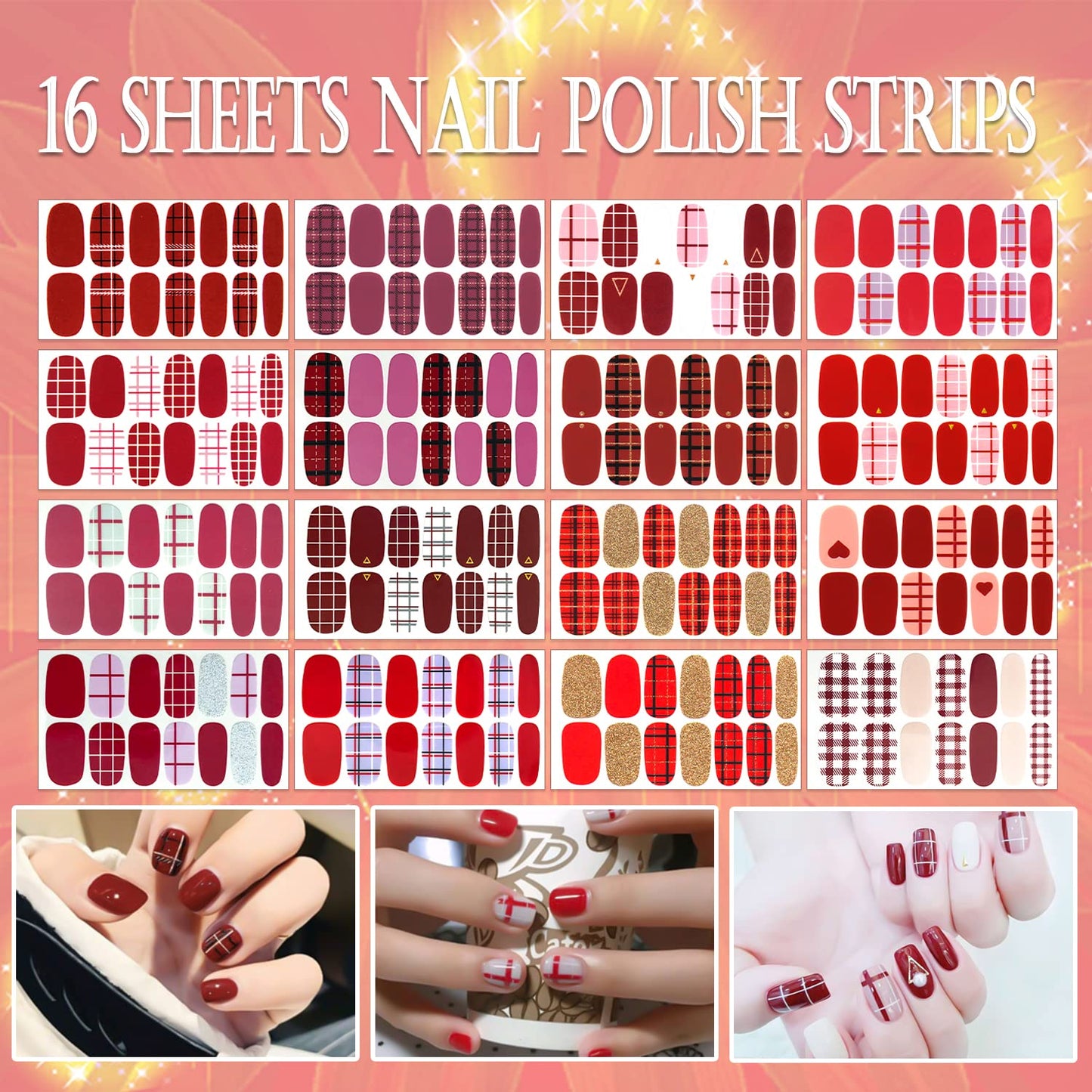 SILPECWEE 16 Sheets Red Plaid Nail Polish Strips for Women Nail Stickers Full Nail Wraps Self Adhesive Nail Sticker Polish Gel Nail Strips Stick on Nails with 1pc Nail File