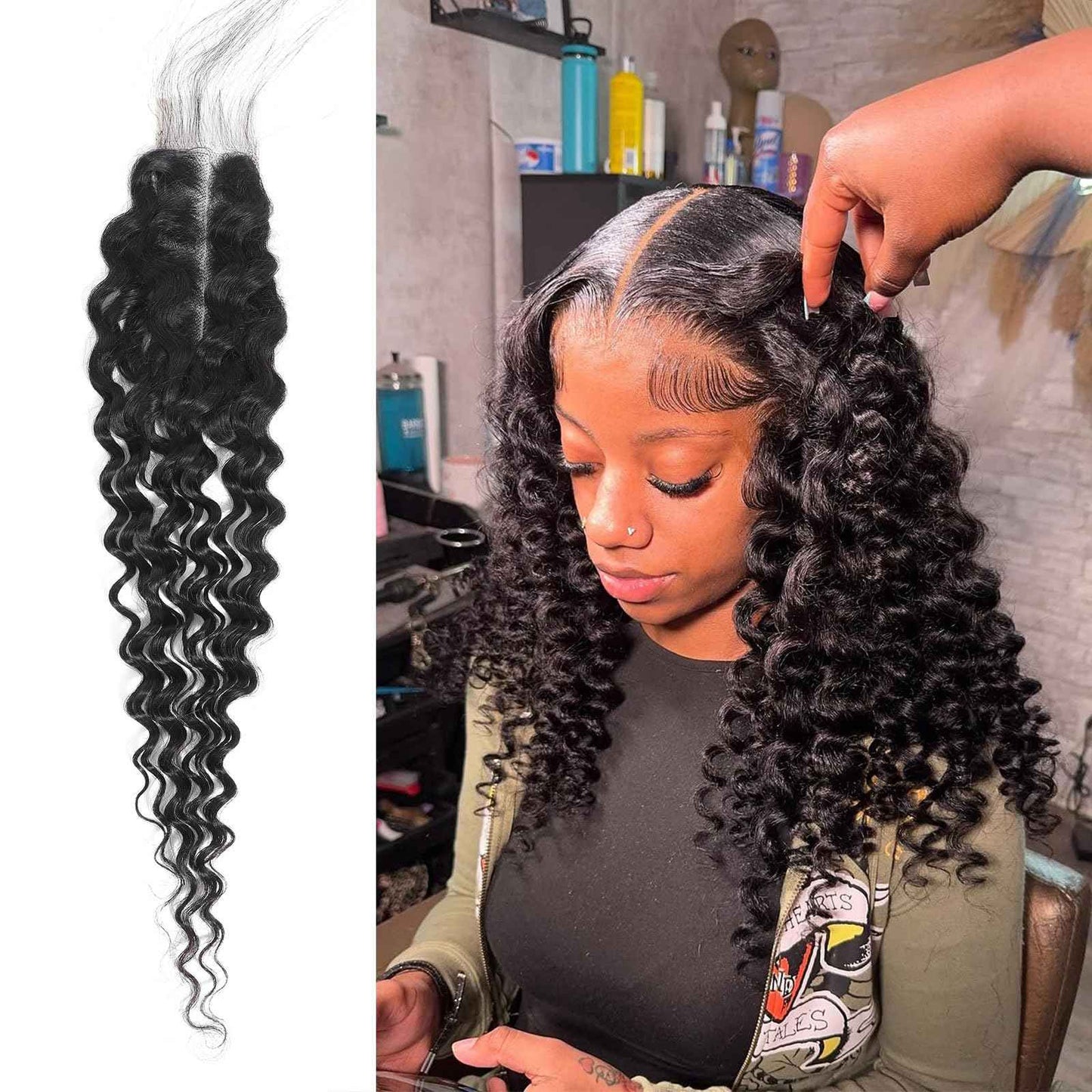 DSEKCAIN 2x6 HD Lace Closure Deep Wave Human Hair Deep Curly Transparent Lace Closure 2x6 Long Middle Part 100% Raw Virgin Human Hair Natural Black 1B Color 14 Inch 150% Density