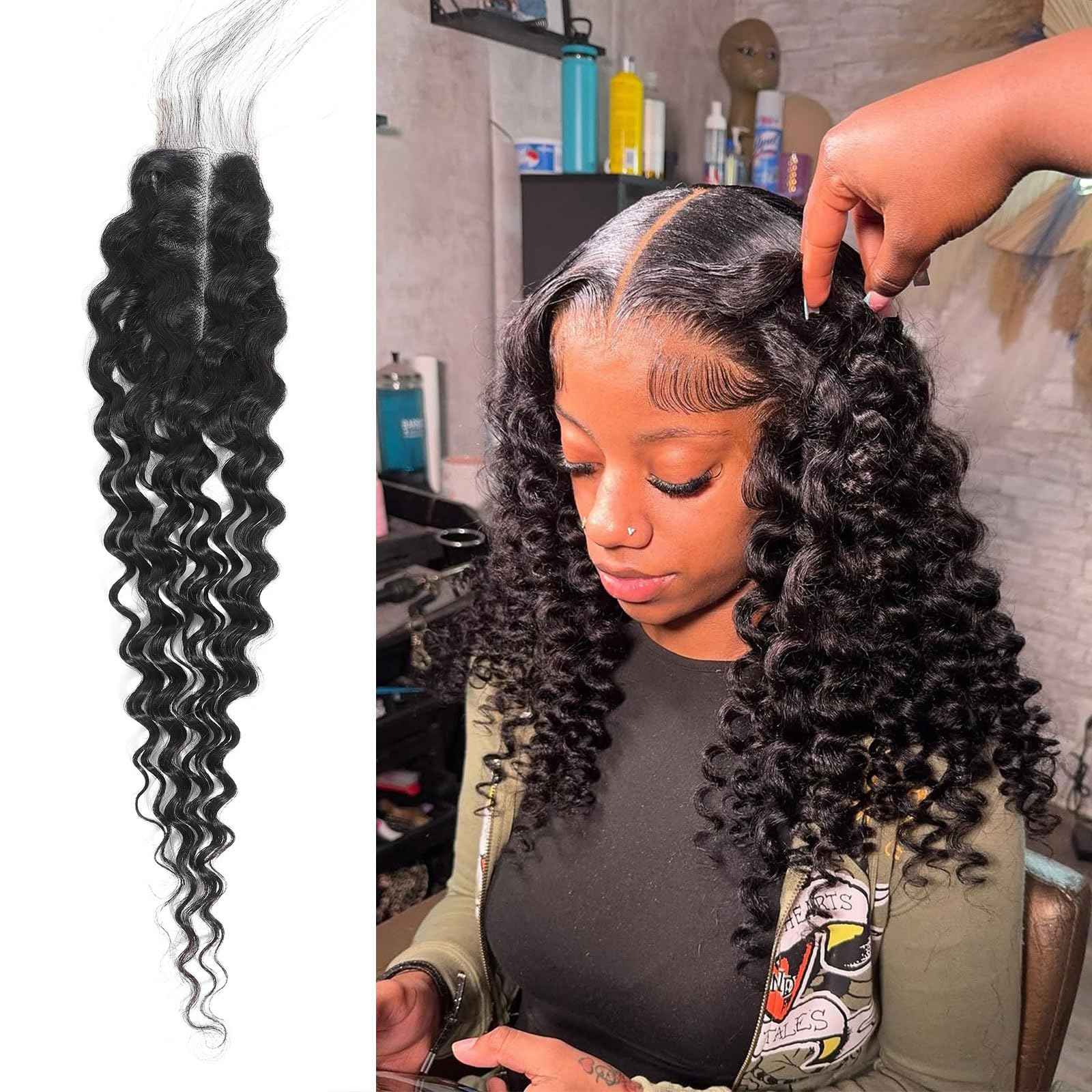 DSEKCAIN 2x6 HD Lace Closure Deep Wave Human Hair Deep Curly Transparent Lace Closure 2x6 Long Middle Part 100% Raw Virgin Human Hair Natural Black 1B Color 14 Inch 150% Density