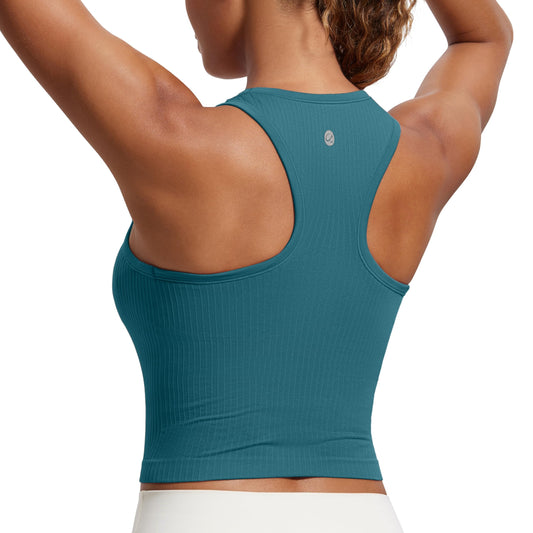 CRZ YOGA Womens Seamless Ribbed Longline High Neck Sports Bra - Racerback Padded Slim Fit Crop Tank Top with Built in Bra Green Jade XX-Small