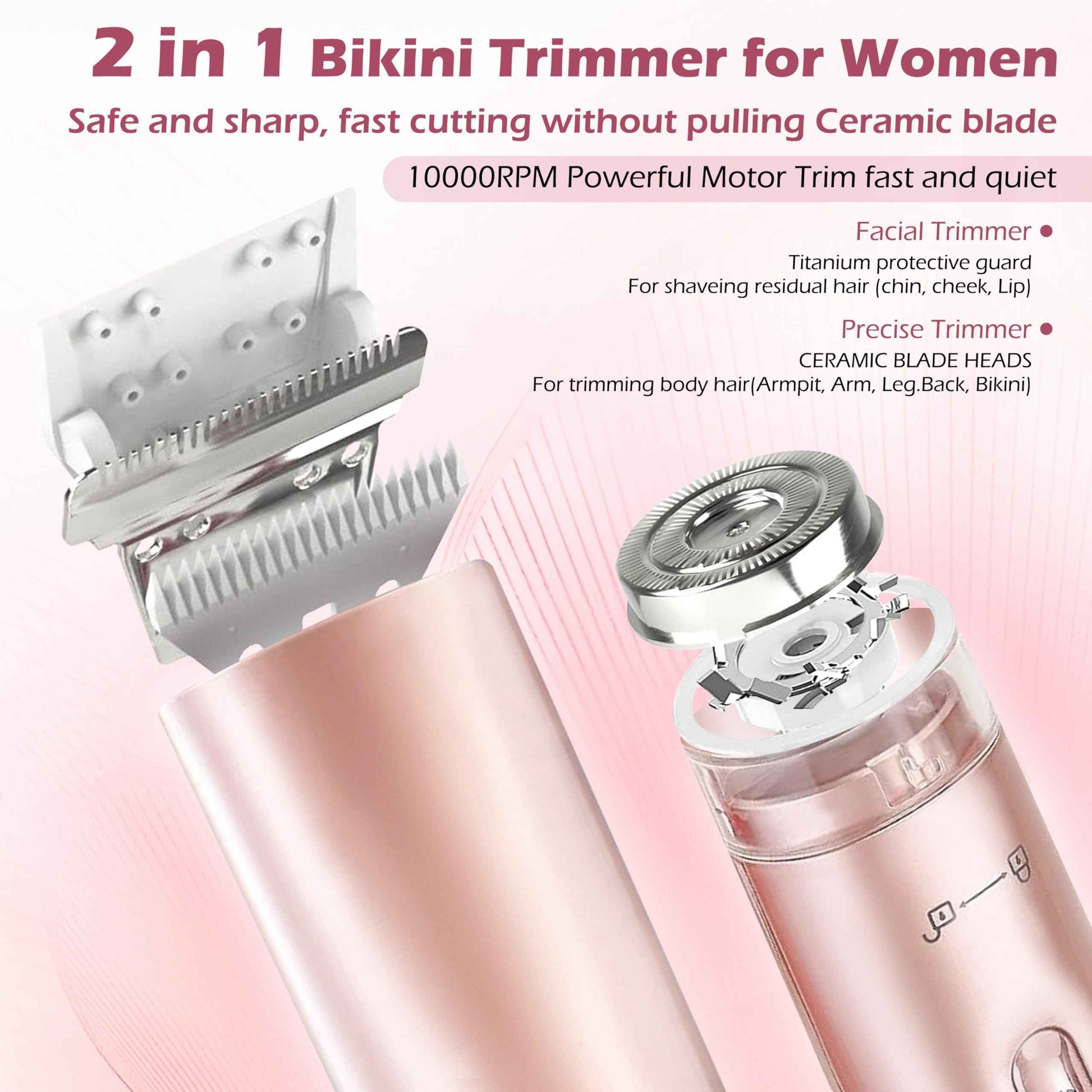 MINYUGUT 2 in 1 Dual Head Bikini Trimmer for Women, Women Electric Shaver IPX7 Waterproof Wet & Dry Use Body Hair Trimmer and Facial Hair Remover Cordless Body Shaver for Bikini Underarm Leg Arm Face