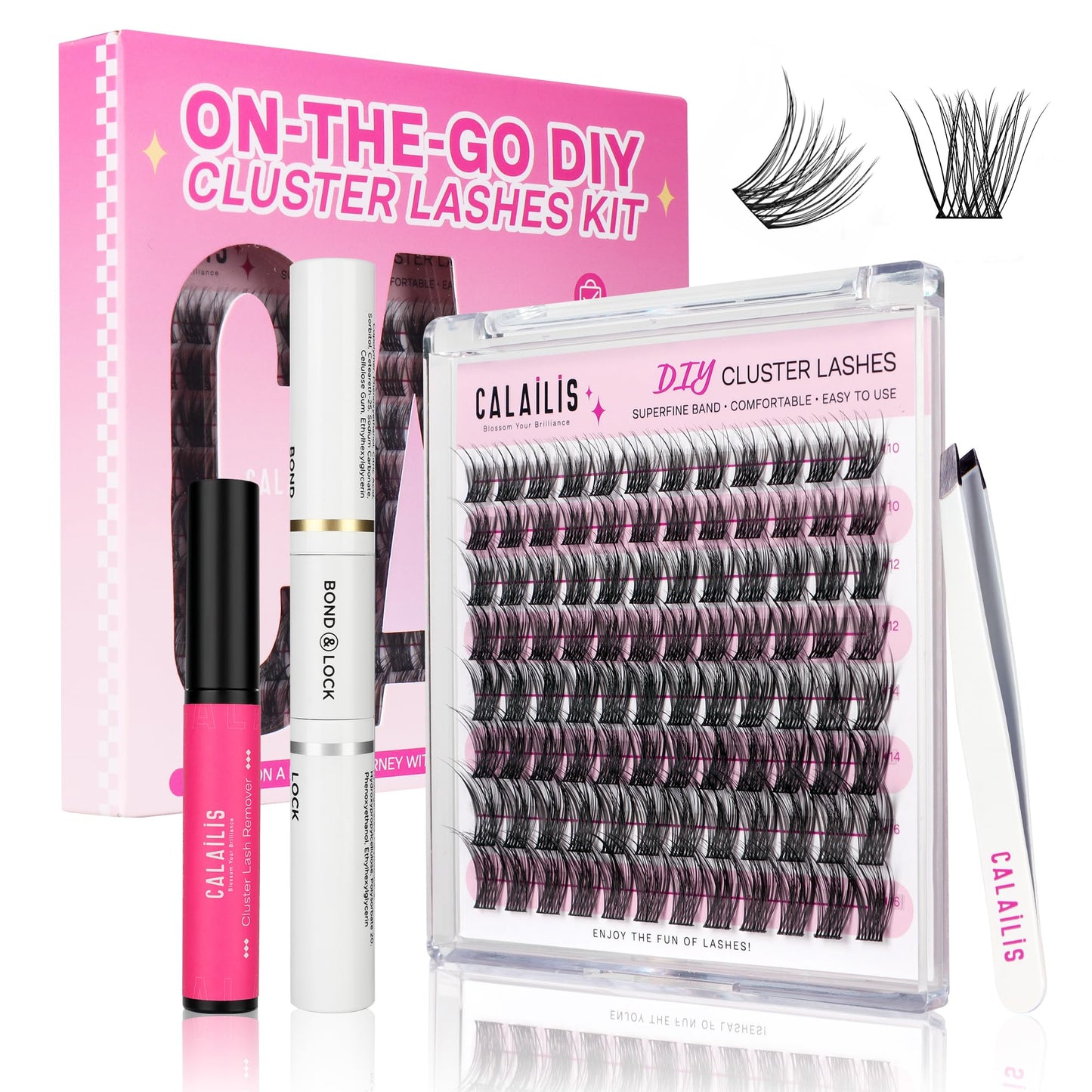 CALAILIS Lash Extension Kit for Travel, Eyelash Extension Kit with 96Pcs D Curl Lash Clusters, Lash Bond and Seal, Lash Remover and Lash Applicator Portable Lash Clusters Kit DIY at Anywhere (HD17Kit)