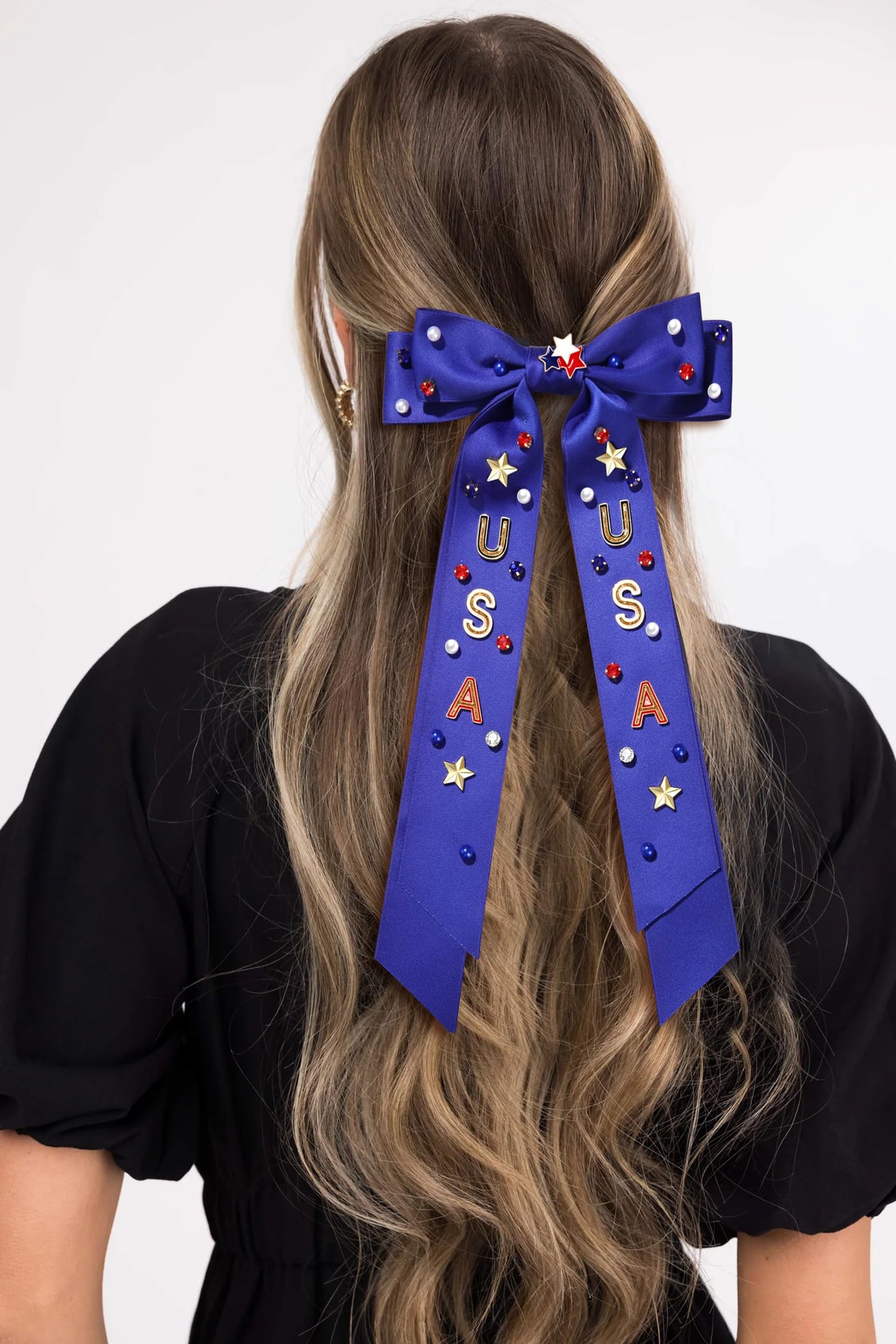 Boderier 4th of July Hair Bows for Women USA Stars Hair Bow Clips Jeweled Patriotic Ribbon Hair Clips Independence Day Hair Accessories Fourth of July Party Favors USA Star Blue