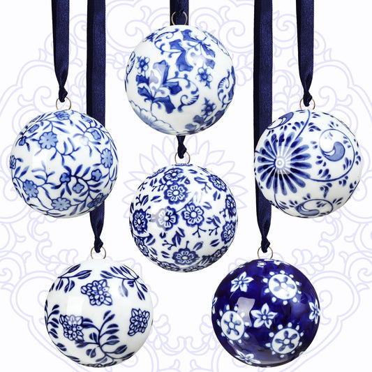 Cindeer 6 Pcs Christmas Porcelain Balls 2.4 Inch Blue and White Porcelain Chinoiserie Ornament Bulk Porcelain Hanging Decorative Ceramic Decor for Home Tree Xmas Party (Classic Style)