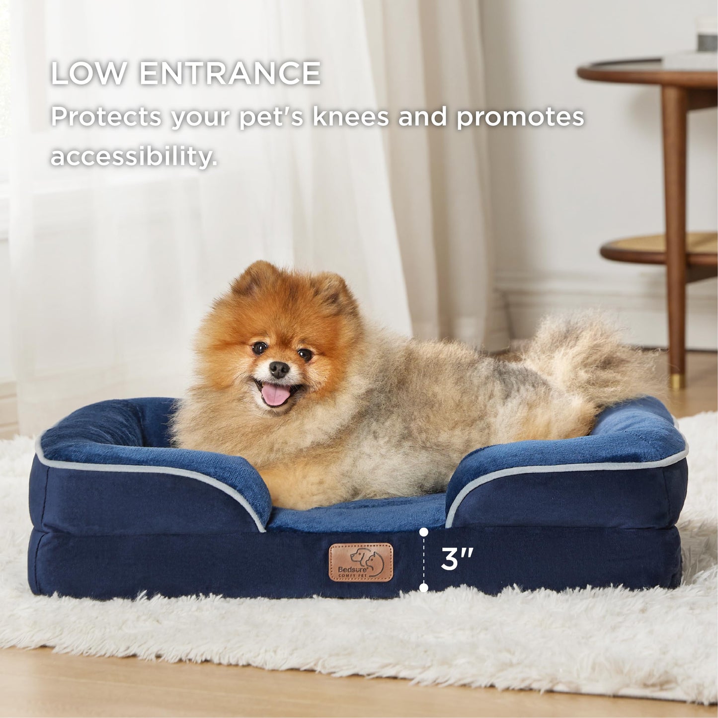 Bedsure Small Orthopedic Dog Bed - Washable Bolster Dog Sofa Beds for Small Dogs, Supportive Foam Pet Couch Bed with Removable Washable Cover, Waterproof Lining and Nonskid Bottom Couch, Navy Blue