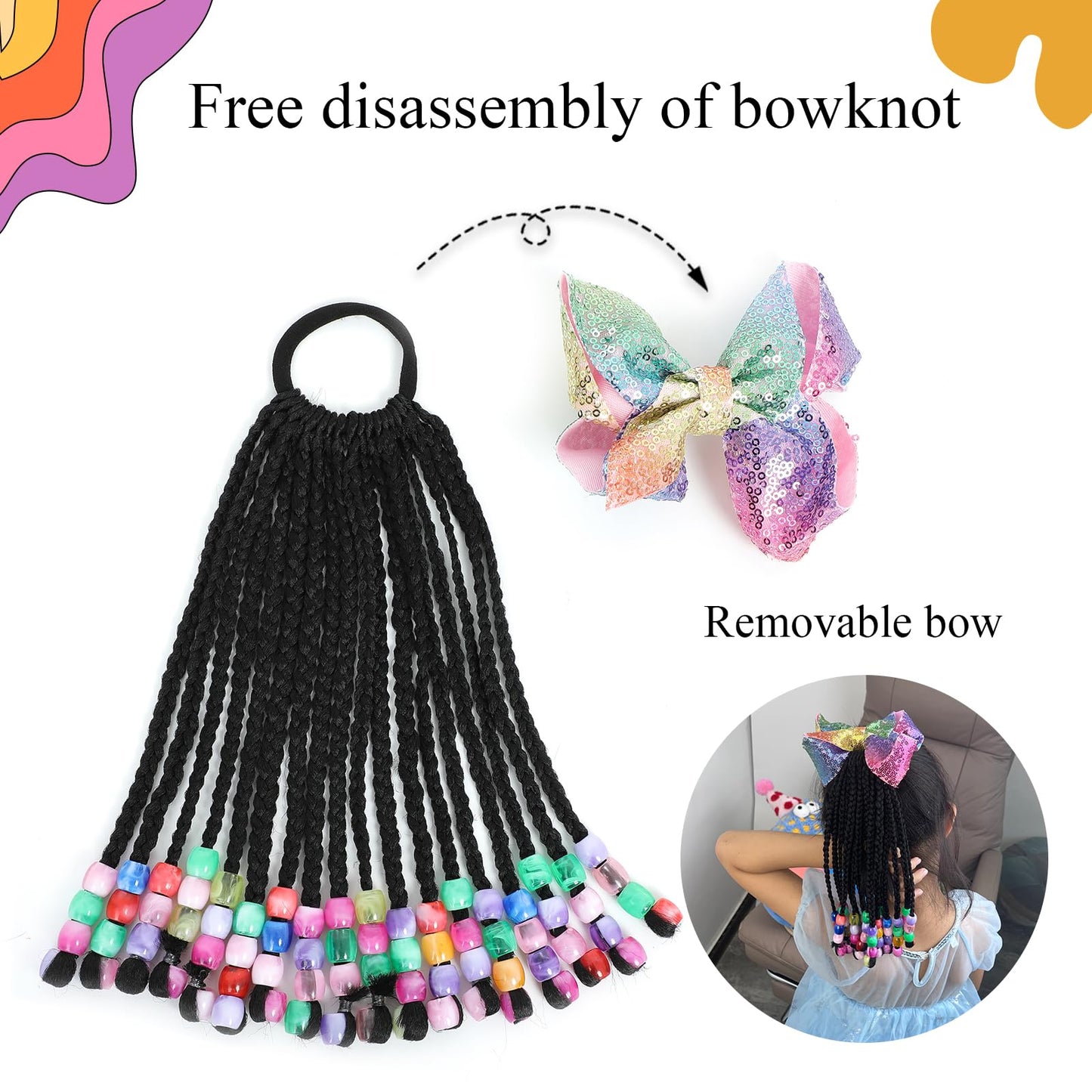 Kids Hair Accessories For Girls Kids Braided Ponytail Extension With Beads Braids Hair Extensions For Kids Pony Beads Synthetic Crochet Braids Hair (Rainbow#, 9 Inch-18 Strands)