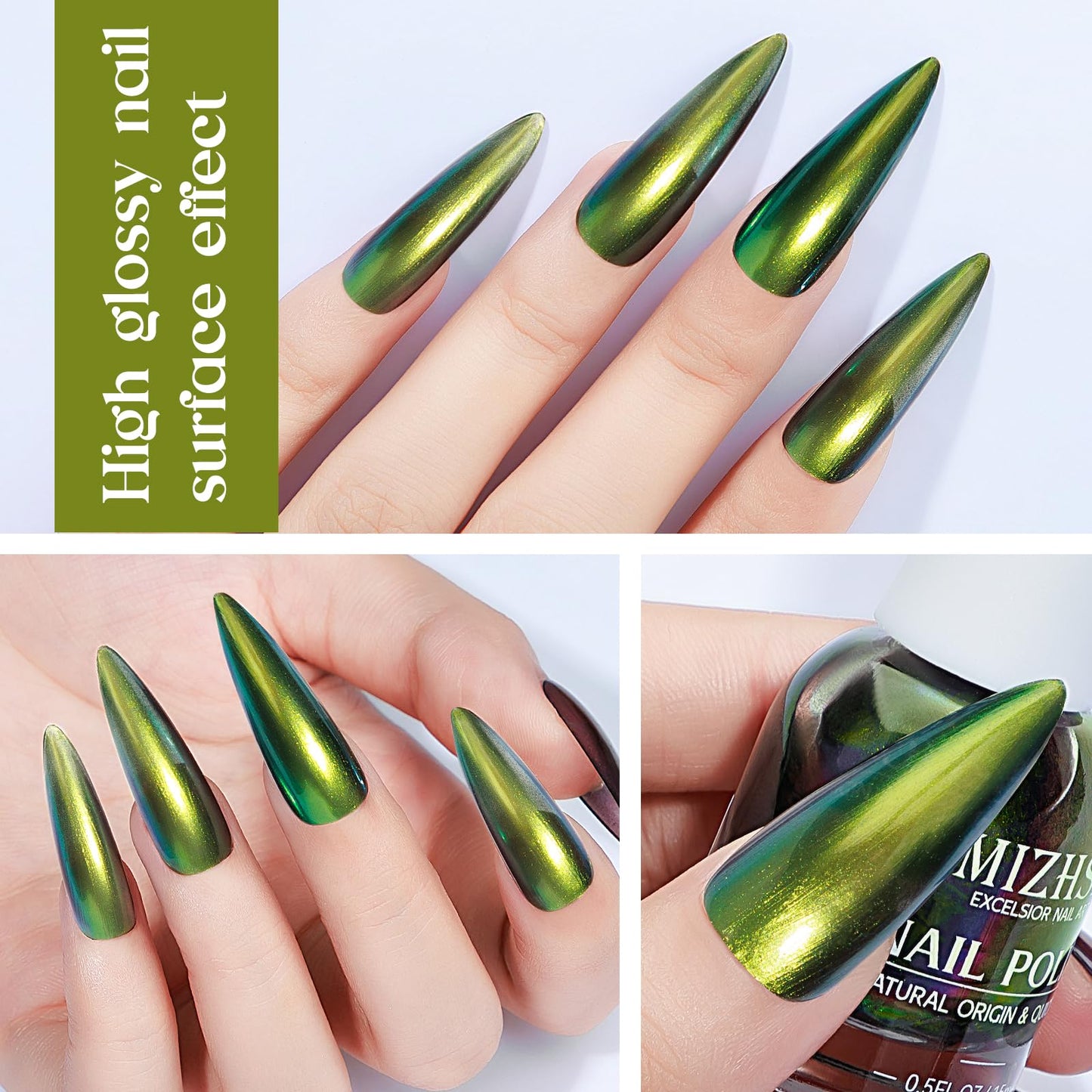 MIZHSE Chameleon Nail Polish Quick Dry, Bright Green Nail Polish Air Dry Fast, 15ml/0.5 fl oz Holographic Nail Polish, High Glossy Shine Finish Halo Manicure Home